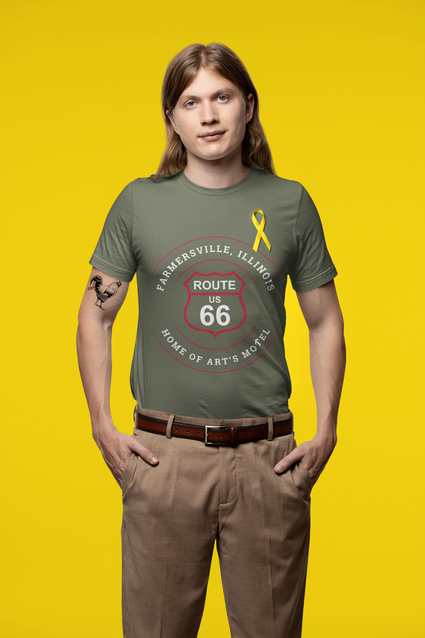 Male model wearing a black retro Route 66 unisex jersey tee with a Farmersville, IL: "Home of Art's Motel" design