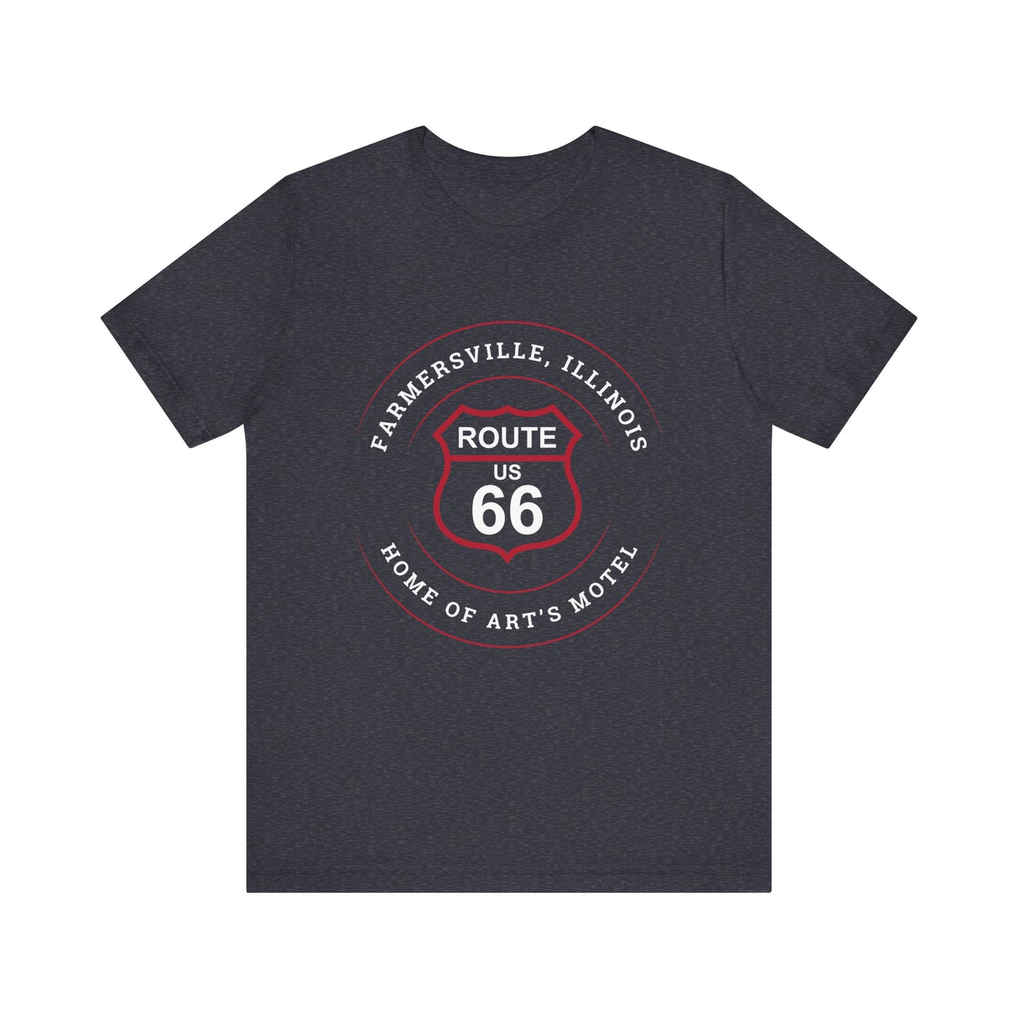 Heather navy retro Route 66 unisex jersey tee with Farmersville, IL: "Home of Art's Motel" design