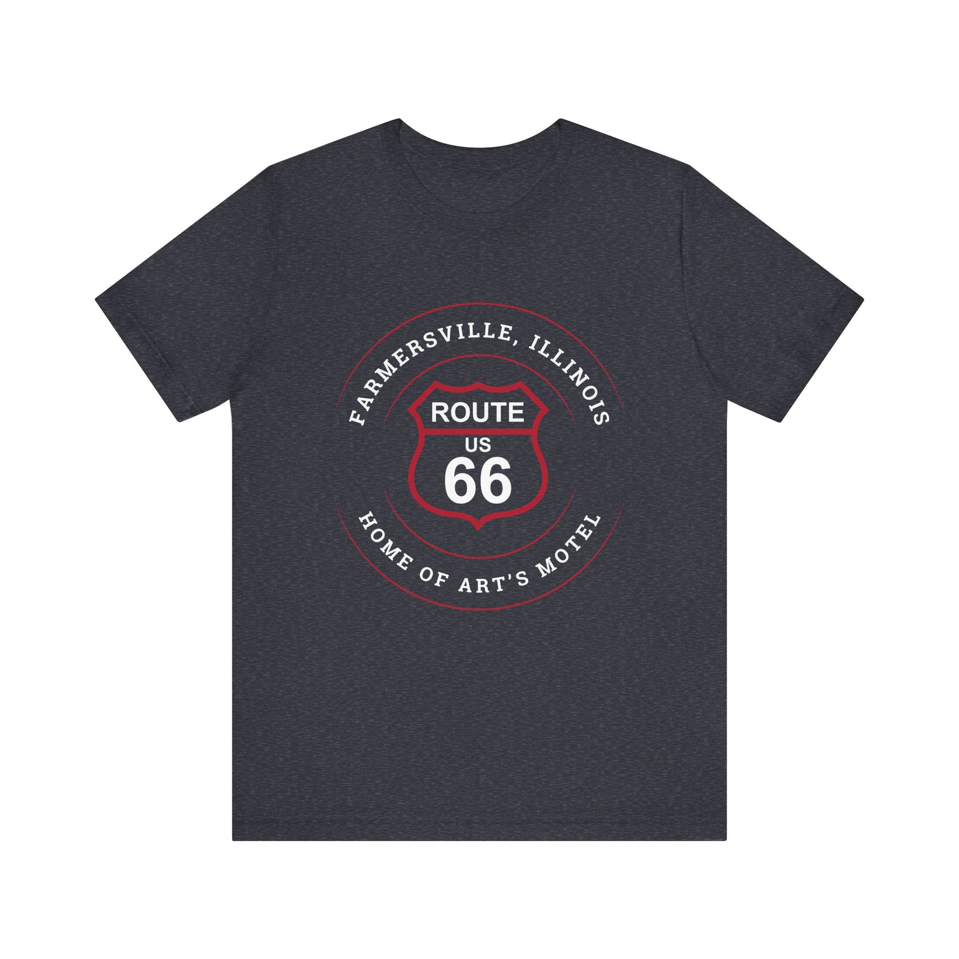 Heather navy retro Route 66 unisex jersey tee with Farmersville, IL: "Home of Art's Motel" design