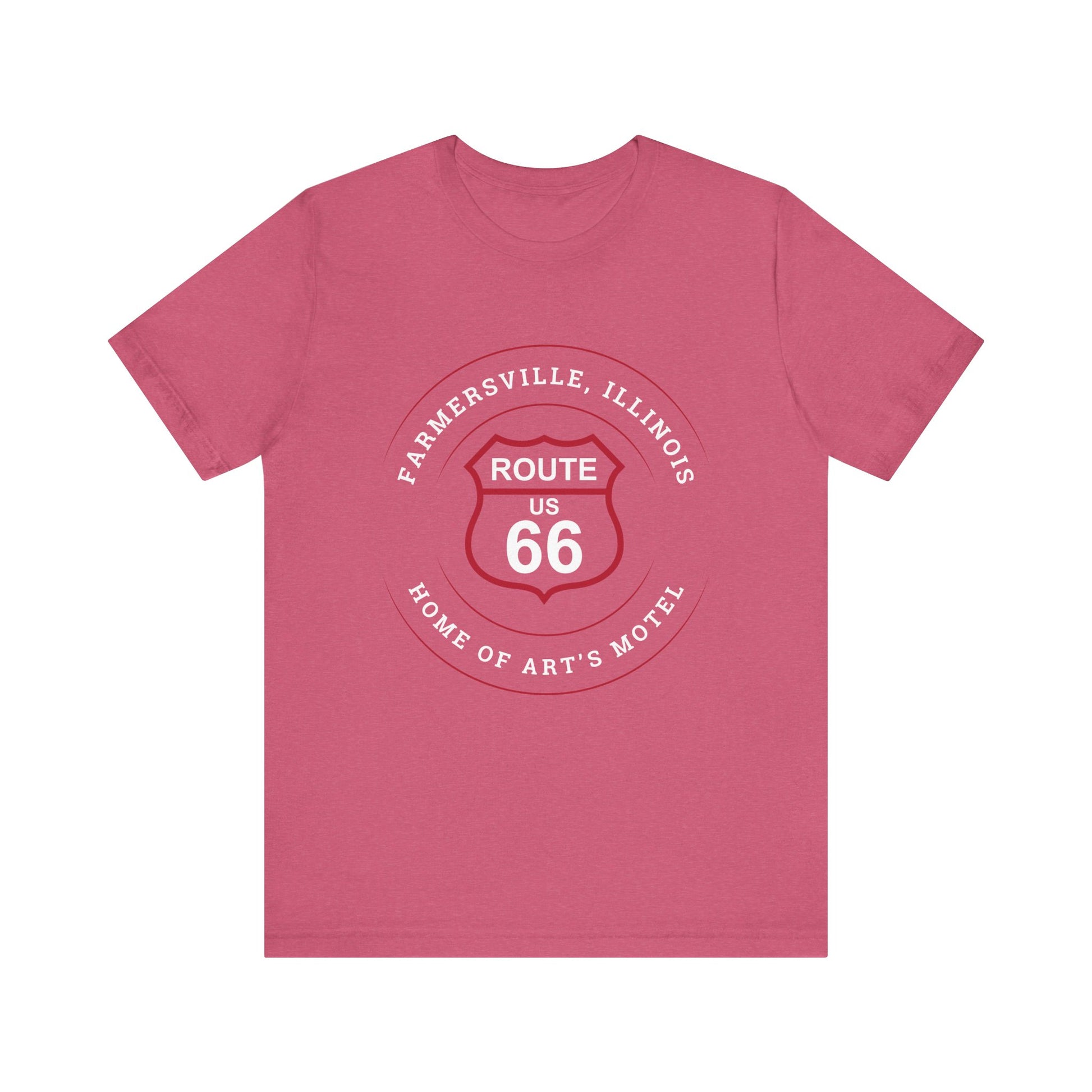 Heather raspberry retro Route 66 unisex jersey tee with Farmersville, IL: "Home of Art's Motel" design