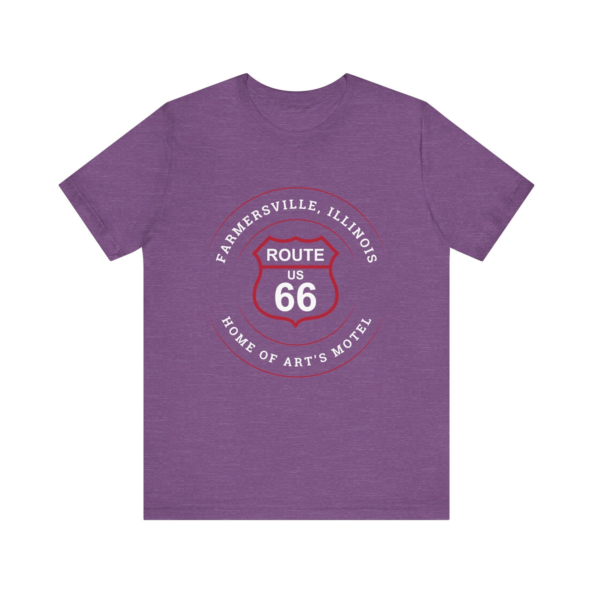 Heather team purple retro Route 66 unisex jersey tee with Farmersville, IL: "Home of Art's Motel" design