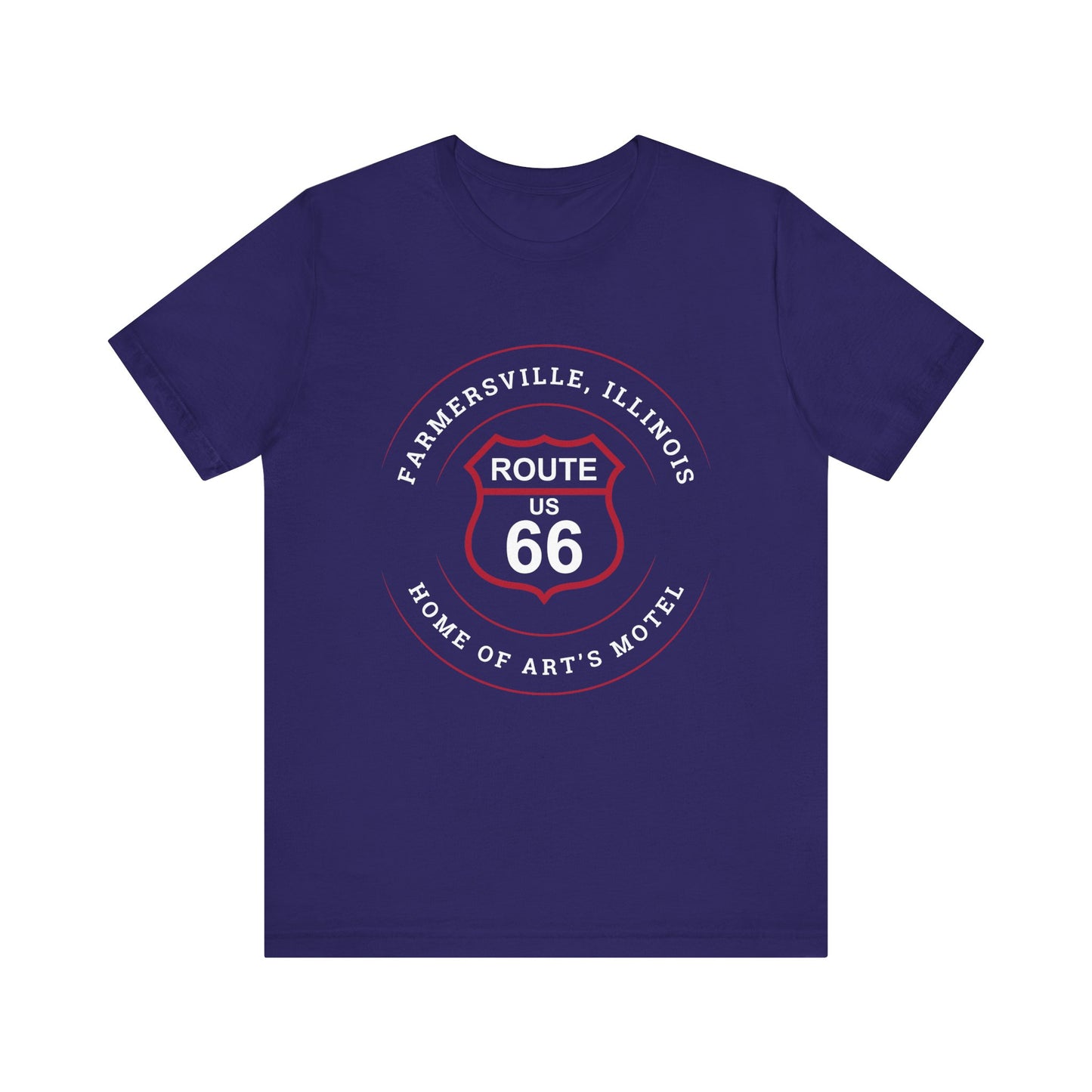 Team navy retro Route 66 unisex jersey tee with Farmersville, IL: "Home of Art's Motel" design