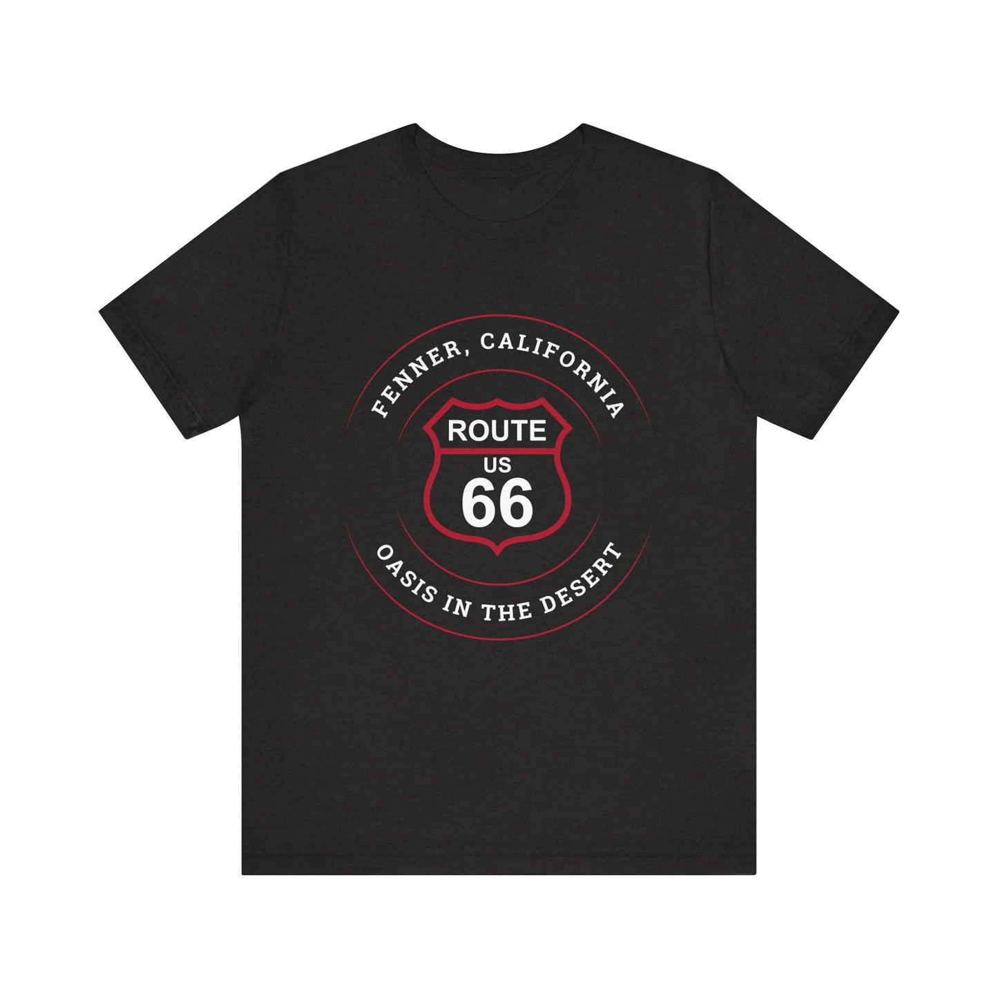 Black heather retro Route 66 unisex jersey tee with Fenner, CA: "Oasis in the Desert" design