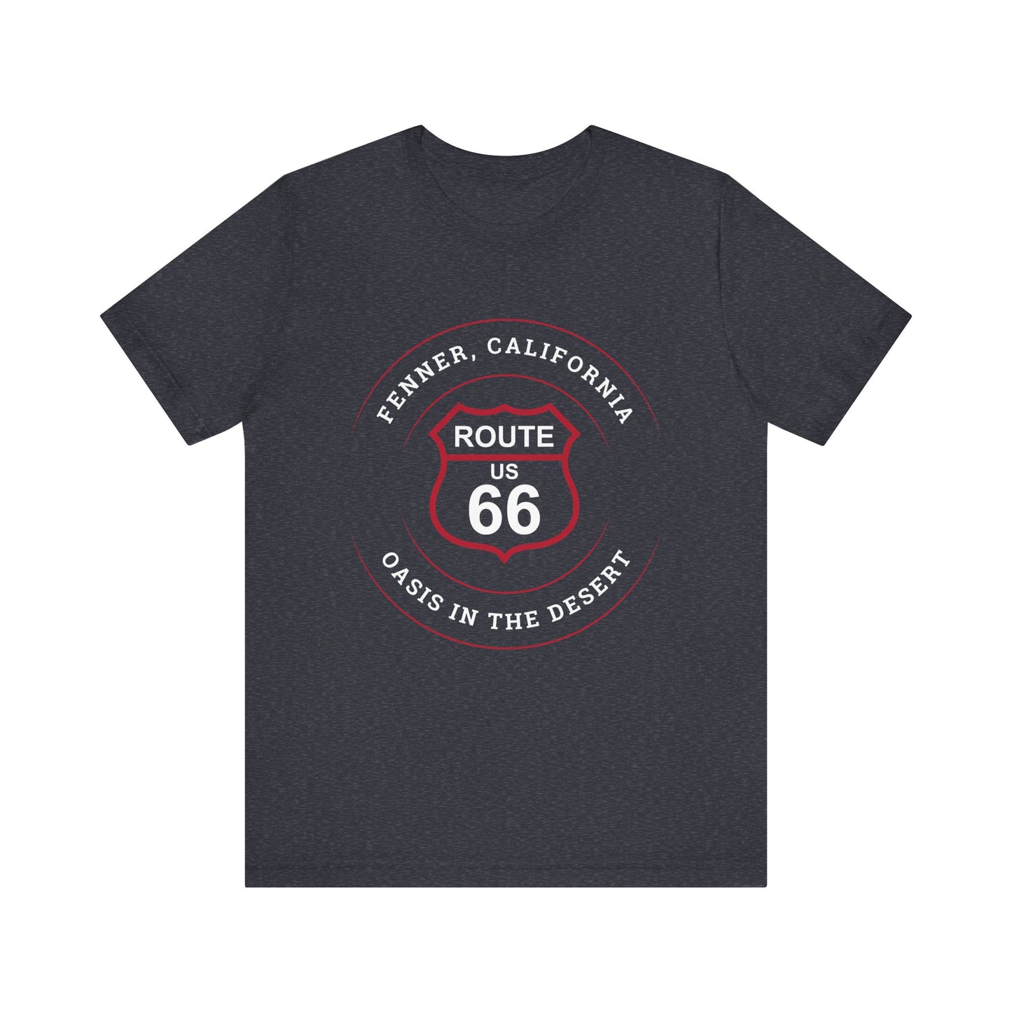Heather navy retro Route 66 unisex jersey tee with Fenner, CA: "Oasis in the Desert" design