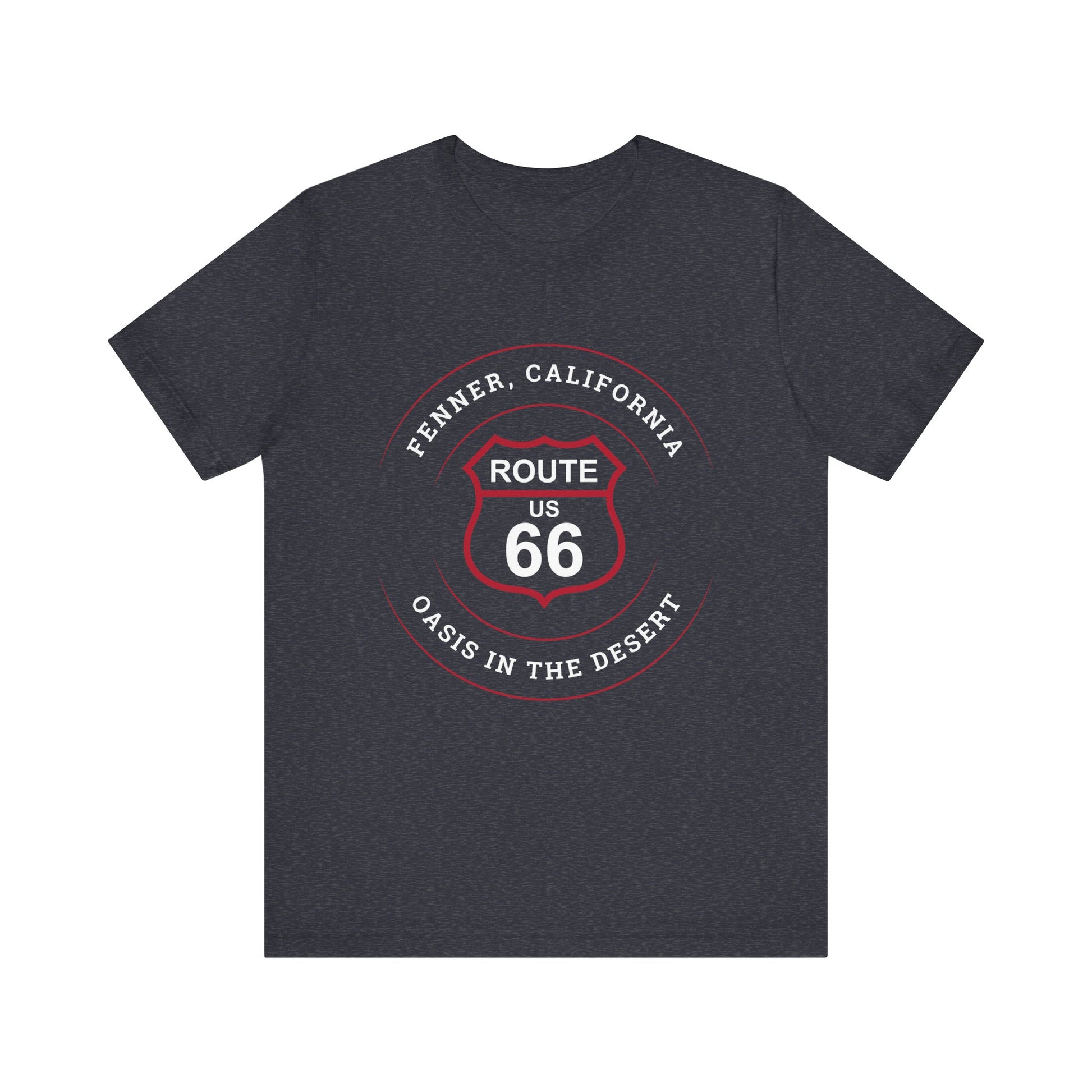 Heather navy retro Route 66 unisex jersey tee with Fenner, CA: "Oasis in the Desert" design