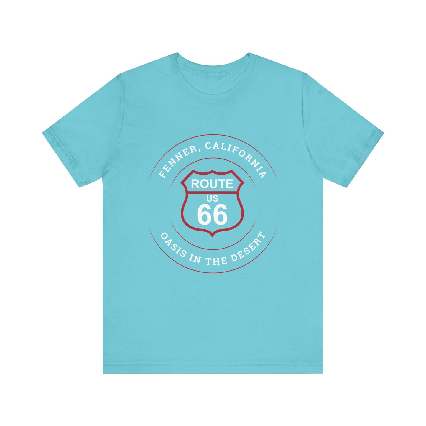 Turquoise retro Route 66 unisex jersey tee with Fenner, CA: "Oasis in the Desert" design