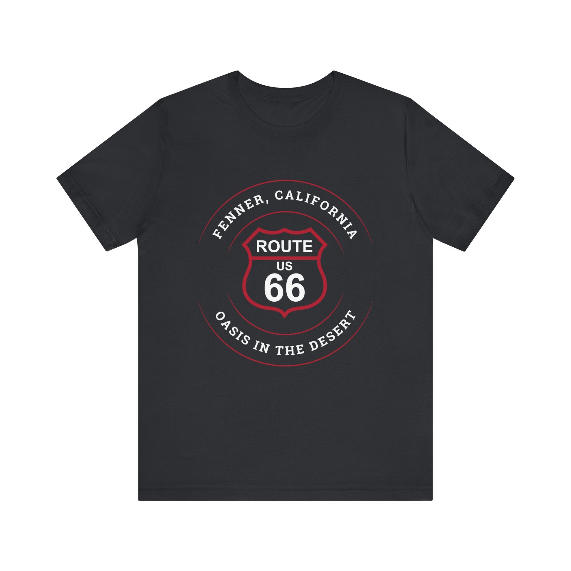 Vintage black retro Route 66 unisex jersey tee with Fenner, CA: "Oasis in the Desert" design