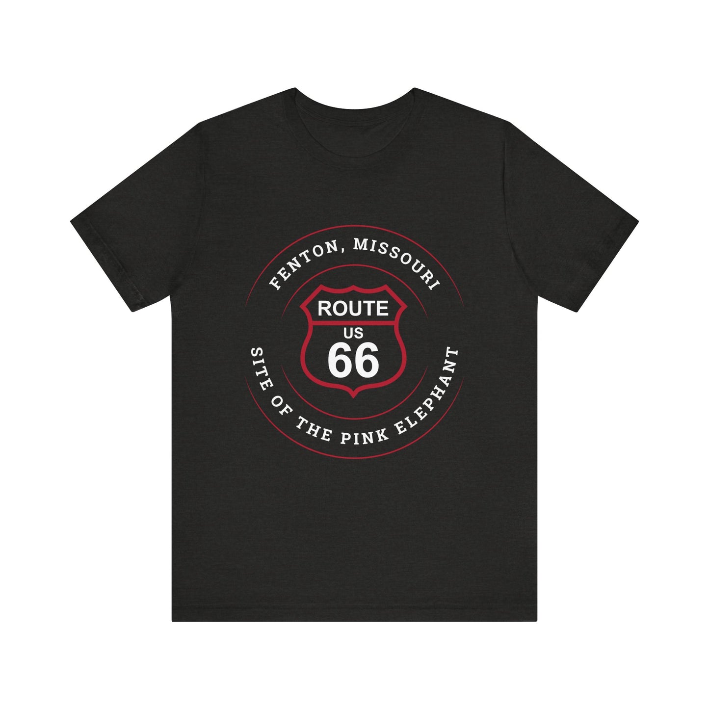 Black heather retro Route 66 unisex jersey tee with Fenton, MO: "Site of the Pink Elephant" design