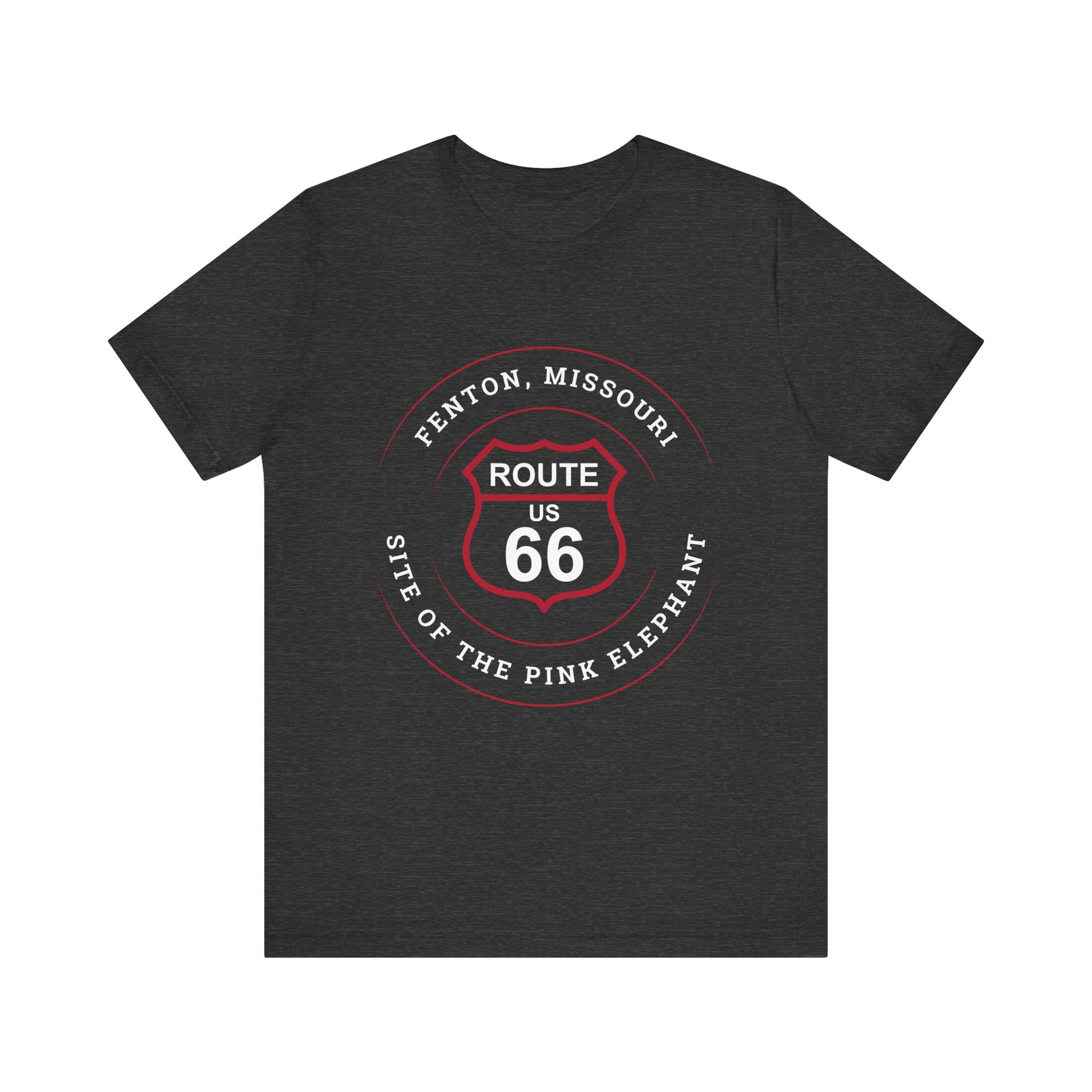 Dark grey heather retro Route 66 unisex jersey tee with Fenton, MO: "Site of the Pink Elephant" design