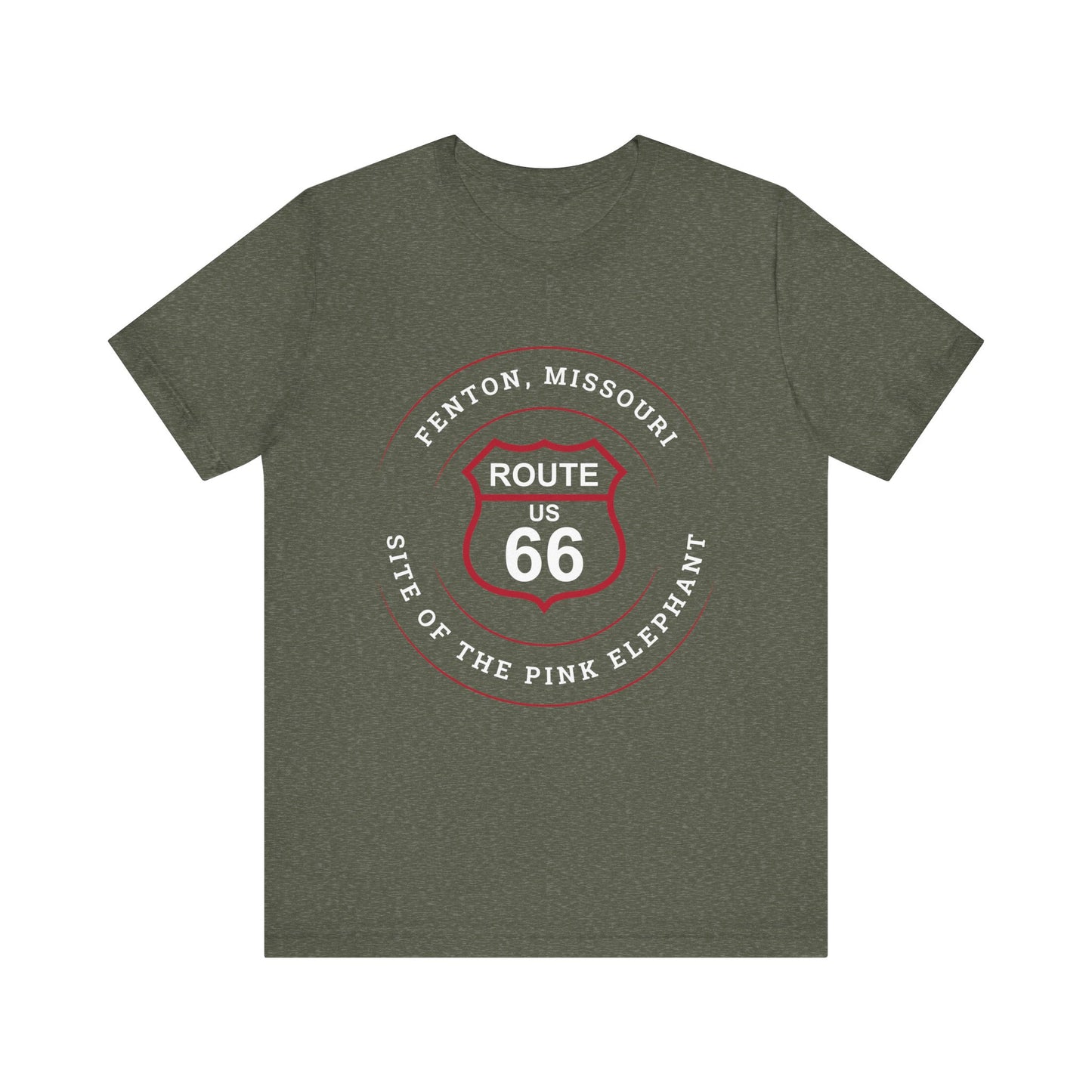 Heather military green retro Route 66 unisex jersey tee with Fenton, MO: "Site of the Pink Elephant" design