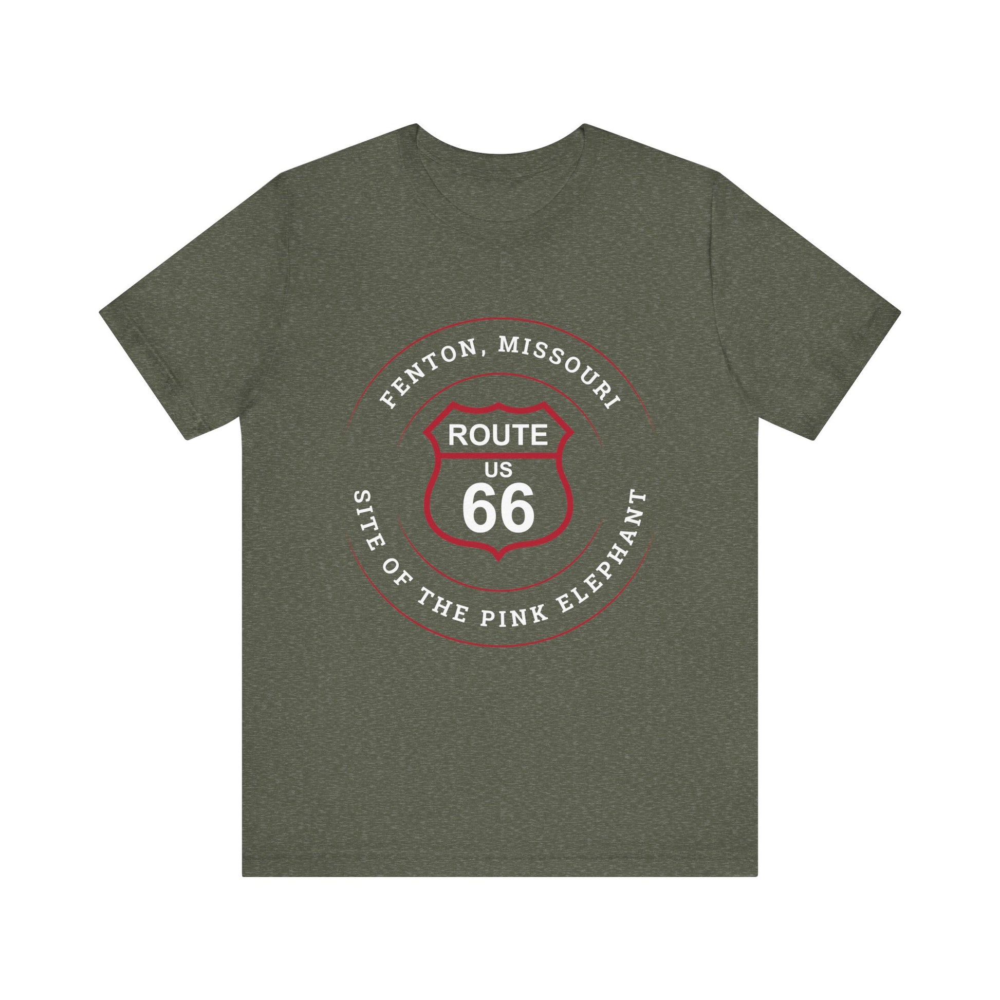 Heather military green retro Route 66 unisex jersey tee with Fenton, MO: "Site of the Pink Elephant" design