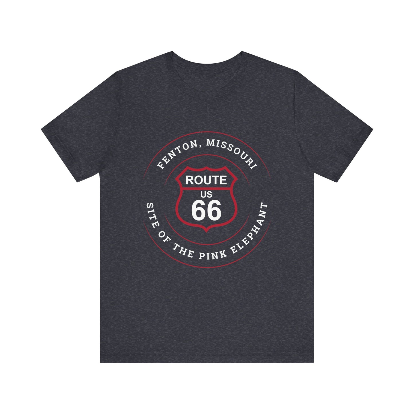Heather navy retro Route 66 unisex jersey tee with Fenton, MO: "Site of the Pink Elephant" design