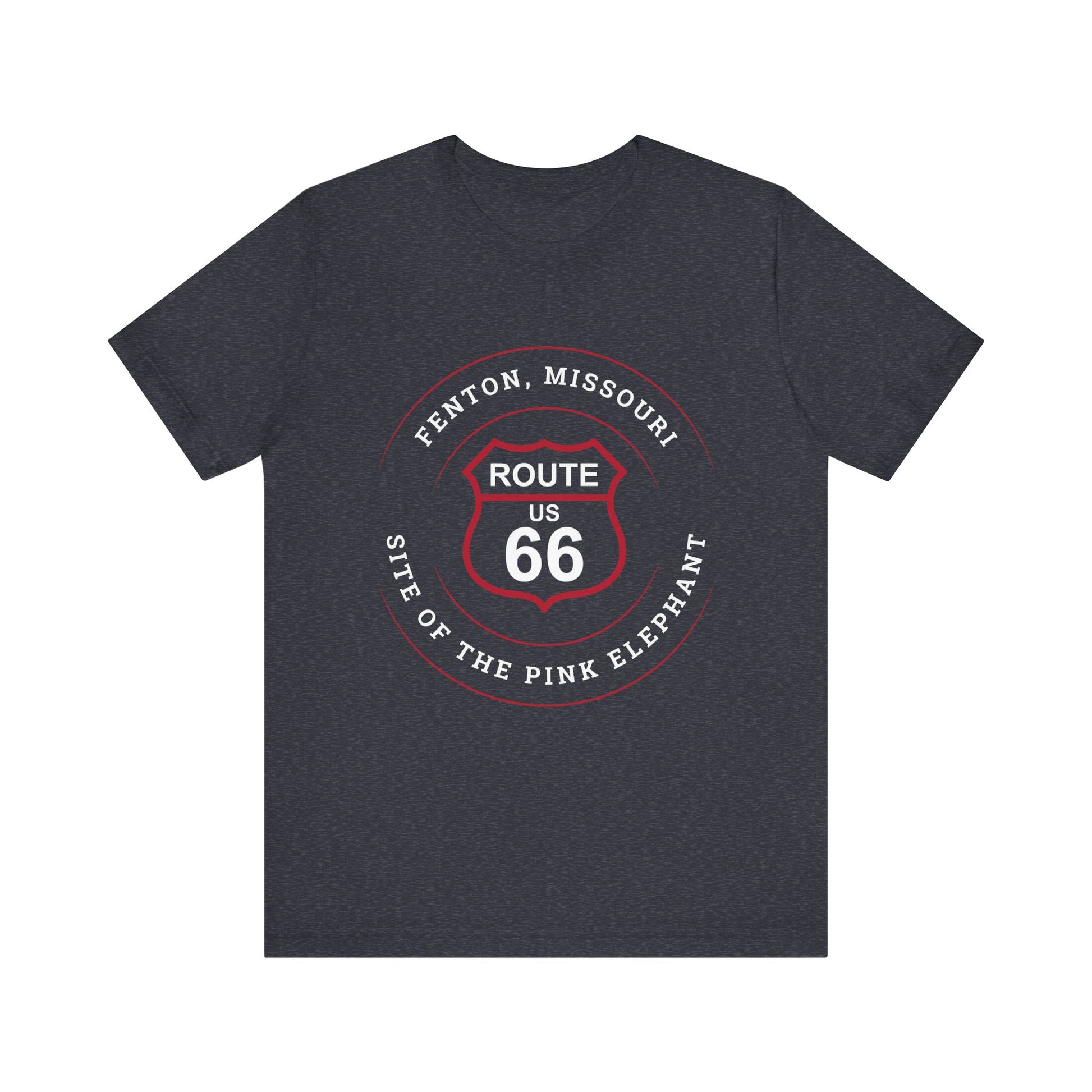 Heather navy retro Route 66 unisex jersey tee with Fenton, MO: "Site of the Pink Elephant" design