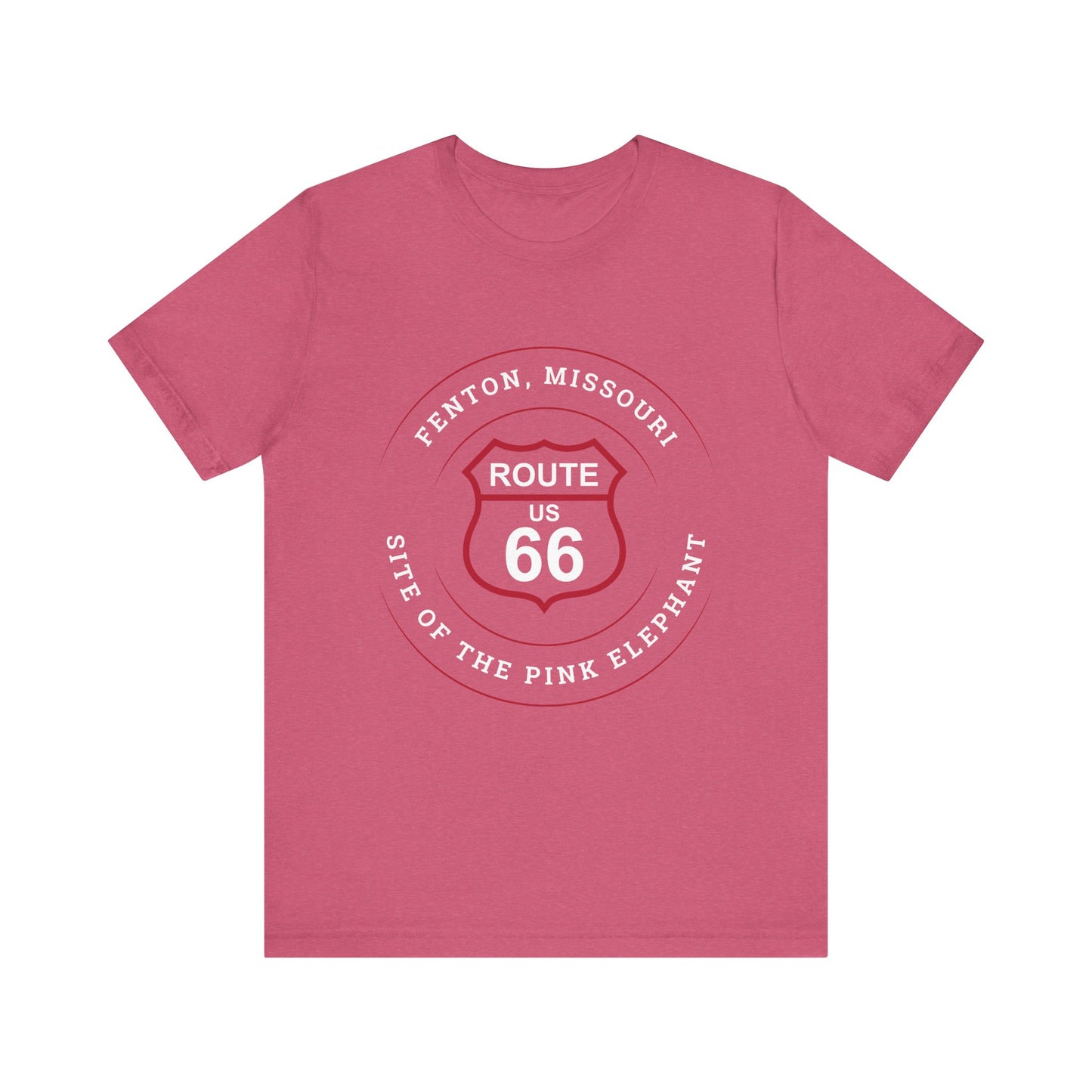 Heather raspberry retro Route 66 unisex jersey tee with Fenton, MO: "Site of the Pink Elephant" design