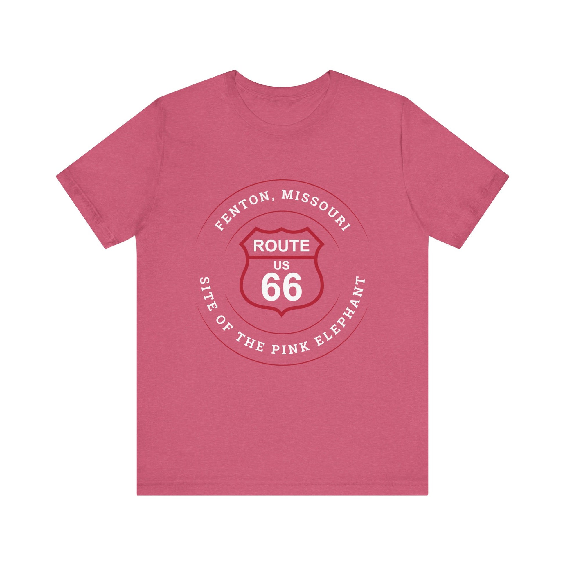 Heather raspberry retro Route 66 unisex jersey tee with Fenton, MO: "Site of the Pink Elephant" design