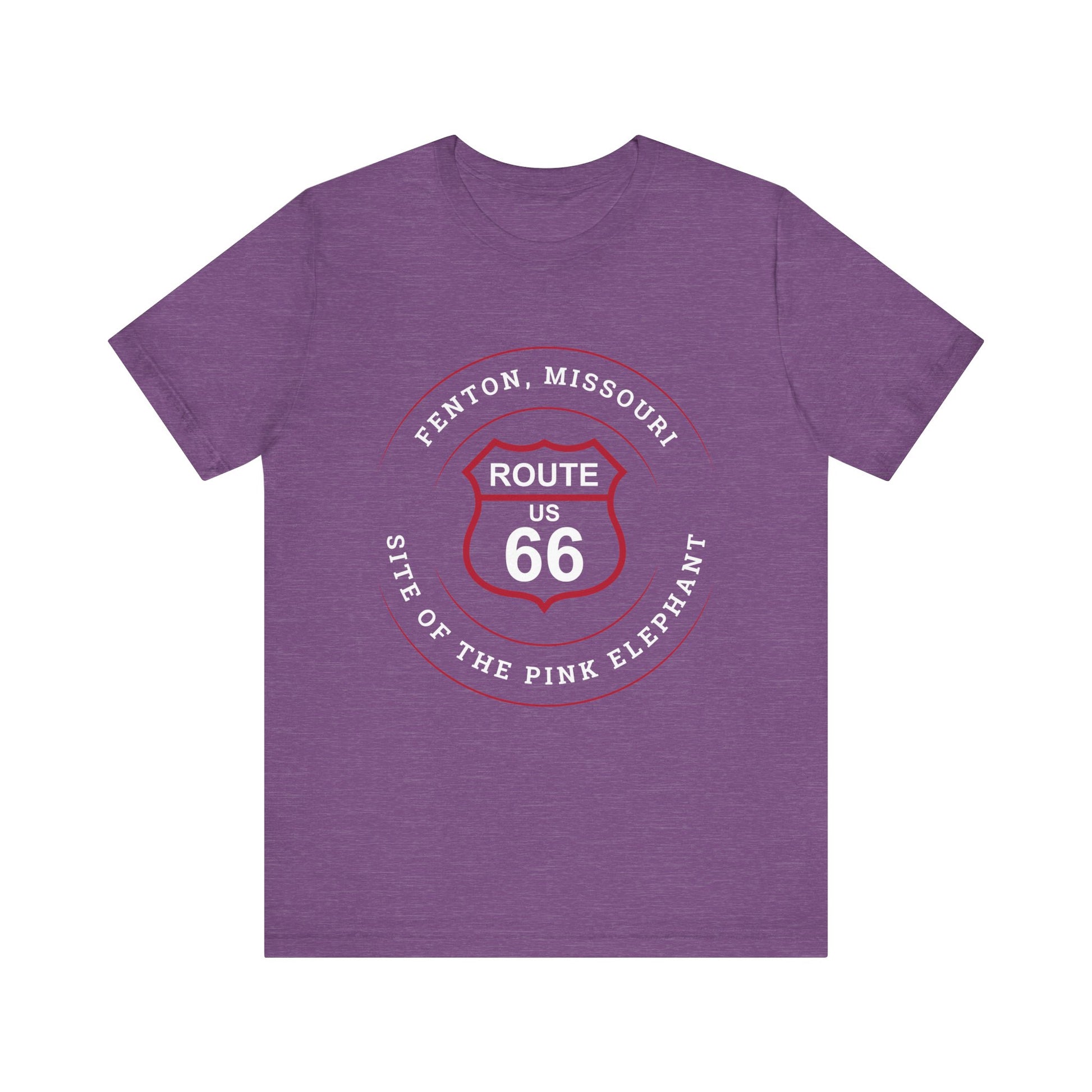 Heather team purple retro Route 66 unisex jersey tee with Fenton, MO: "Site of the Pink Elephant" design