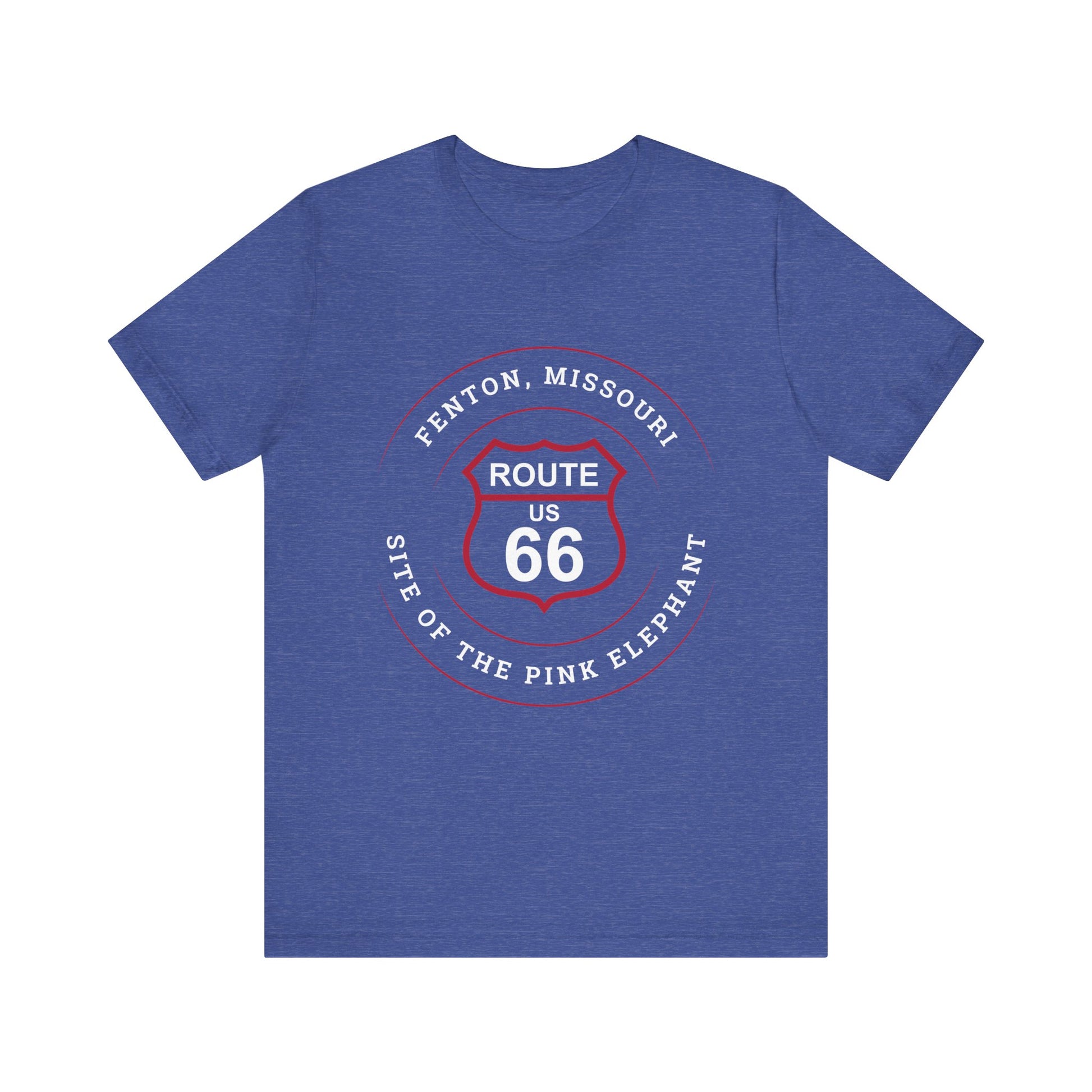 Heather true royal retro Route 66 unisex jersey tee with Fenton, MO: "Site of the Pink Elephant" design
