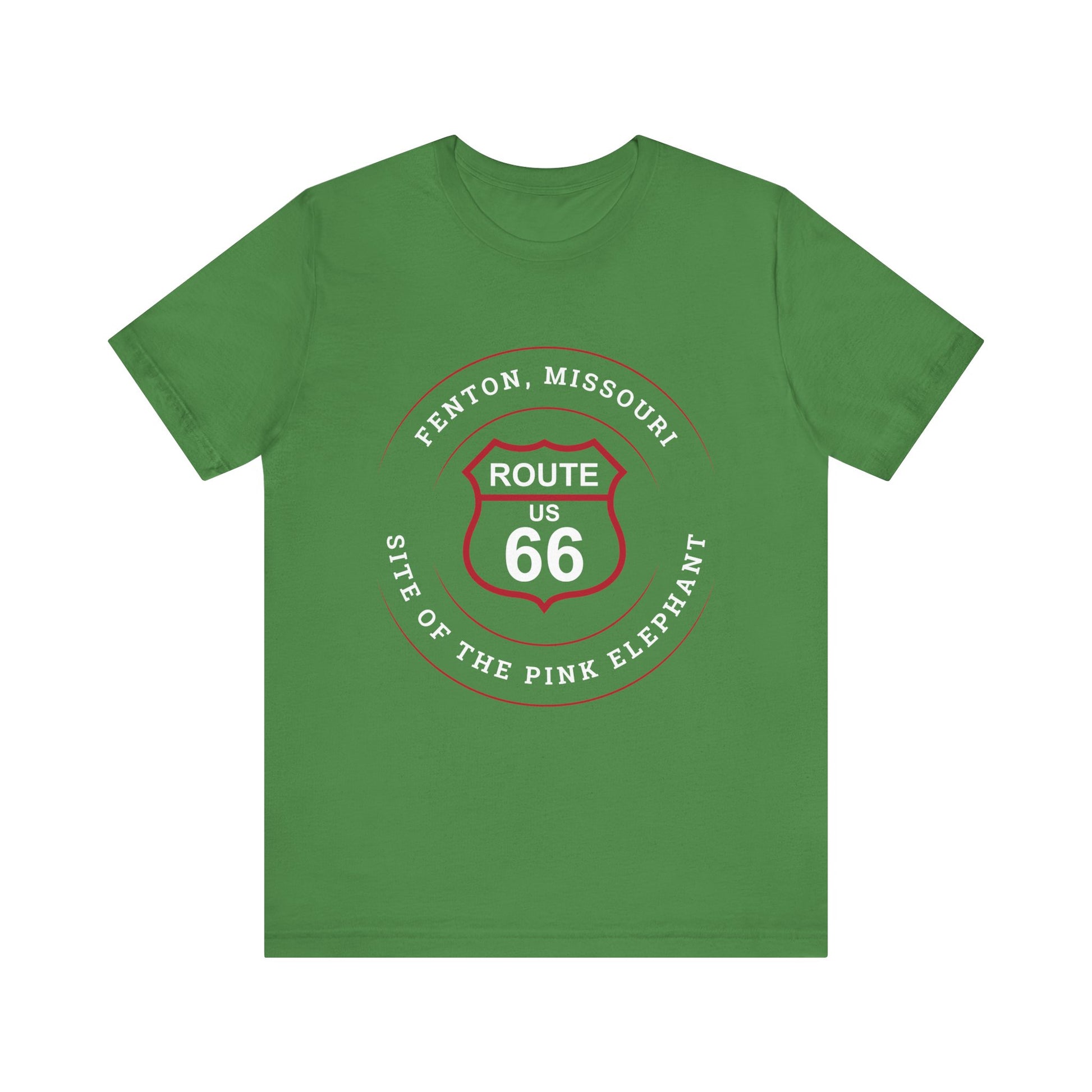 Leaf retro Route 66 unisex jersey tee with Fenton, MO: "Site of the Pink Elephant" design