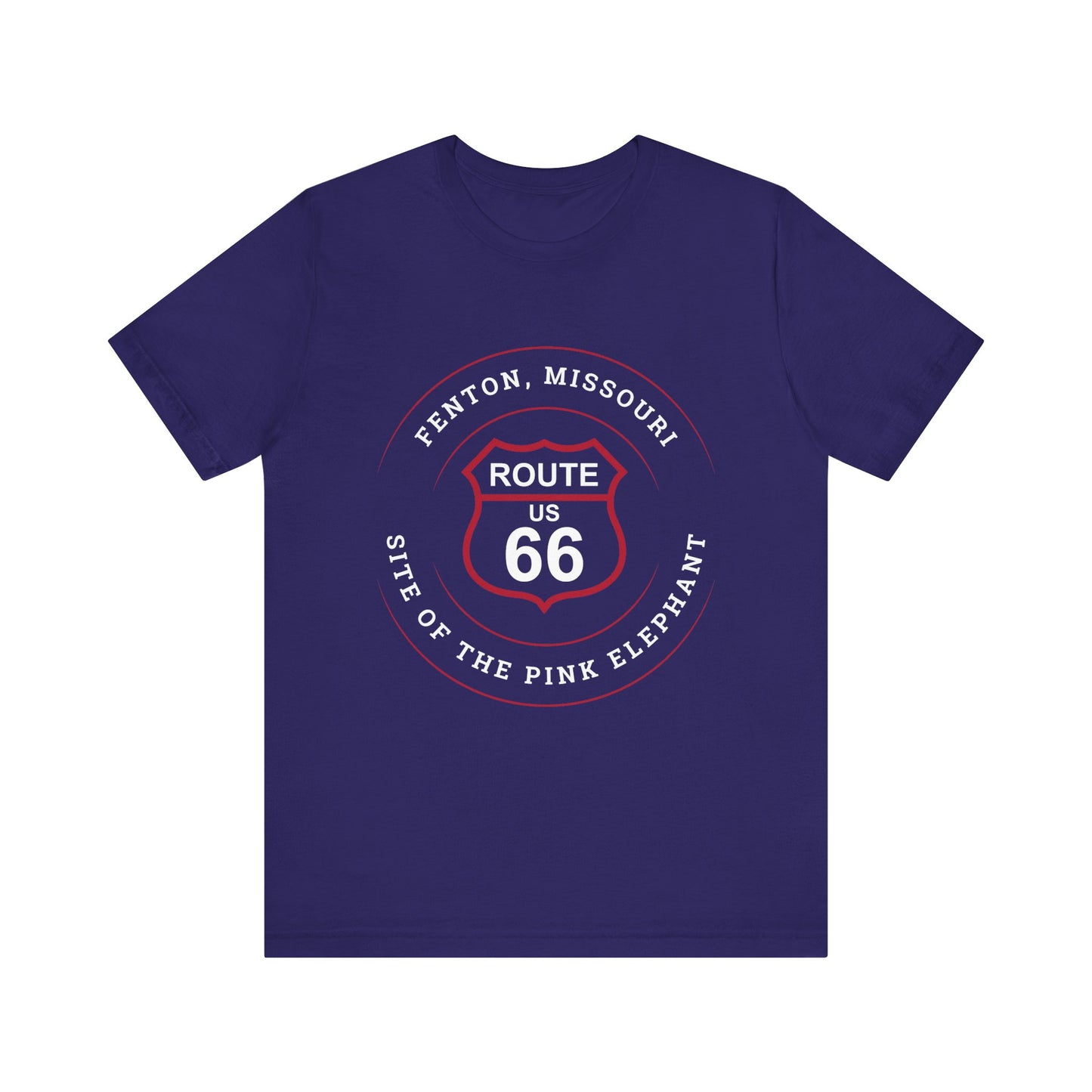 Team navy retro Route 66 unisex jersey tee with Fenton, MO: "Site of the Pink Elephant" design