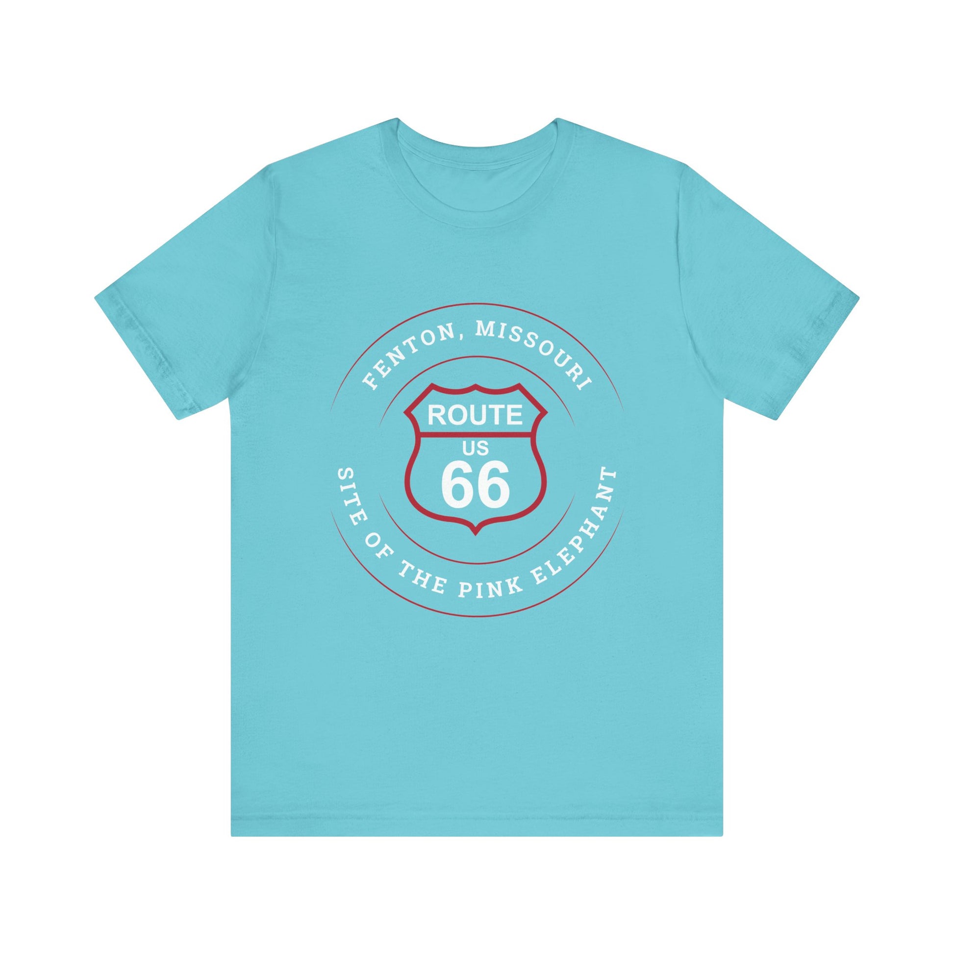 Turquoise retro Route 66 unisex jersey tee with Fenton, MO: "Site of the Pink Elephant" design