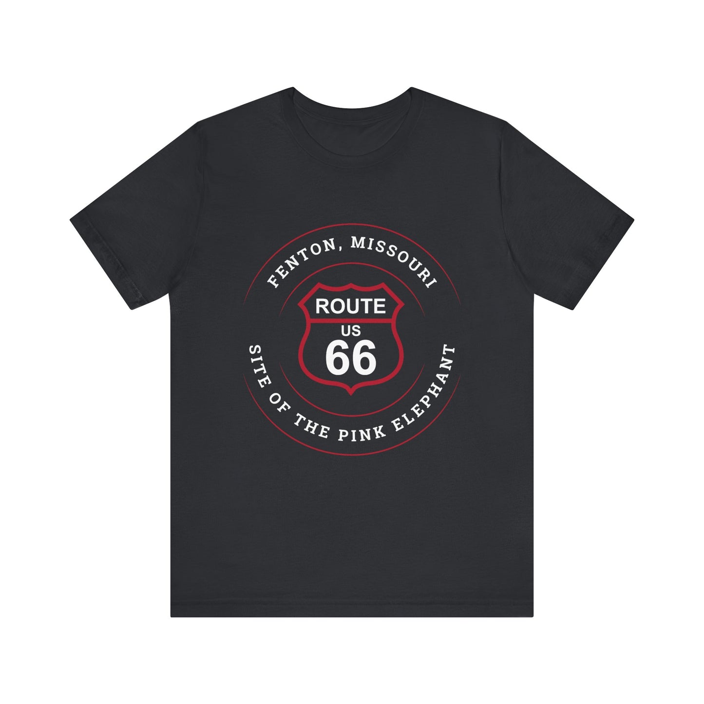 Vintage black retro Route 66 unisex jersey tee with Fenton, MO: "Site of the Pink Elephant" design