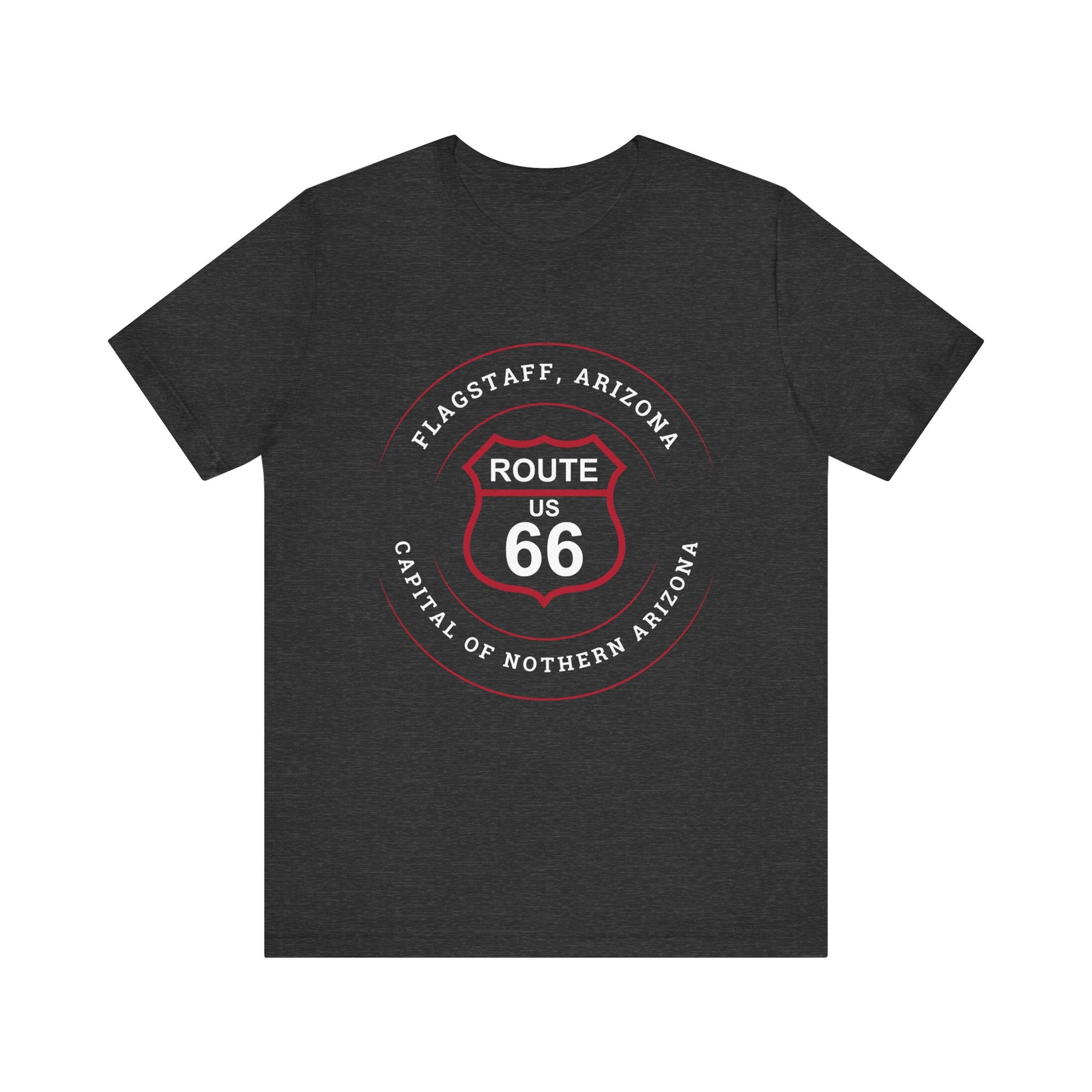 Dark grey heather retro Route 66 unisex jersey tee with Flagstaff, AZ: "Capital of Northern Arizona" design