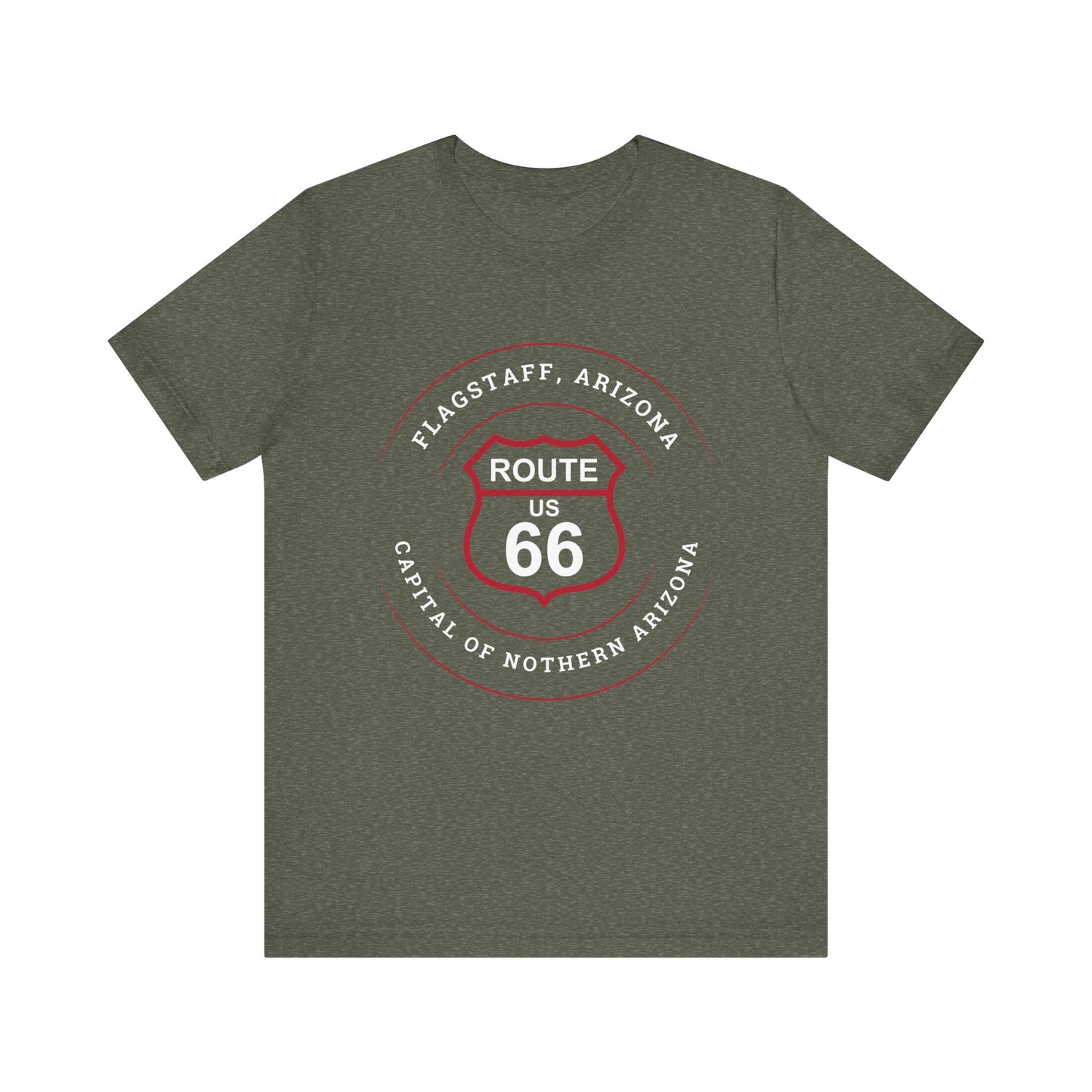 Heather military green retro Route 66 unisex jersey tee with Flagstaff, AZ: "Capital of Northern Arizona" design