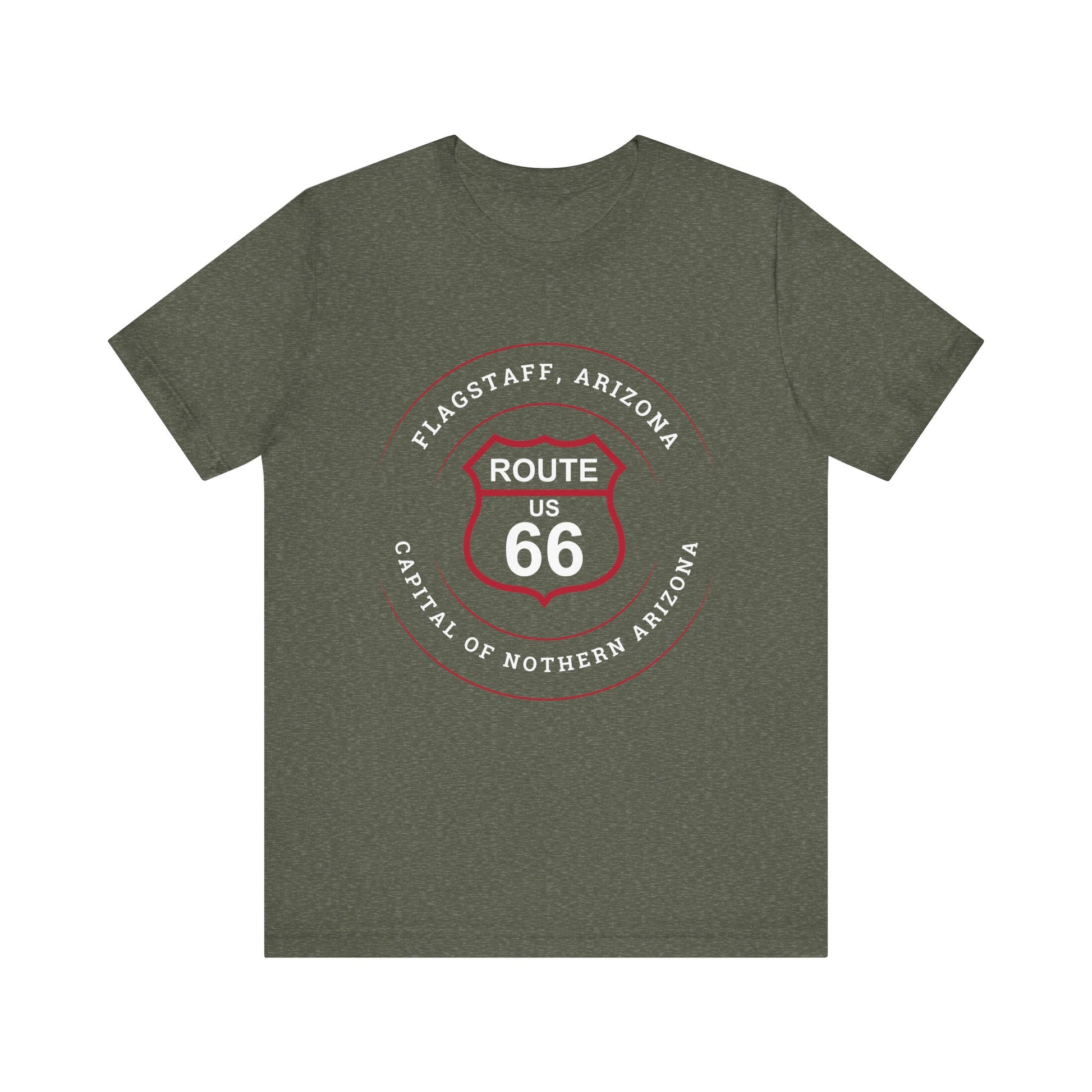 Heather military green retro Route 66 unisex jersey tee with Flagstaff, AZ: "Capital of Northern Arizona" design