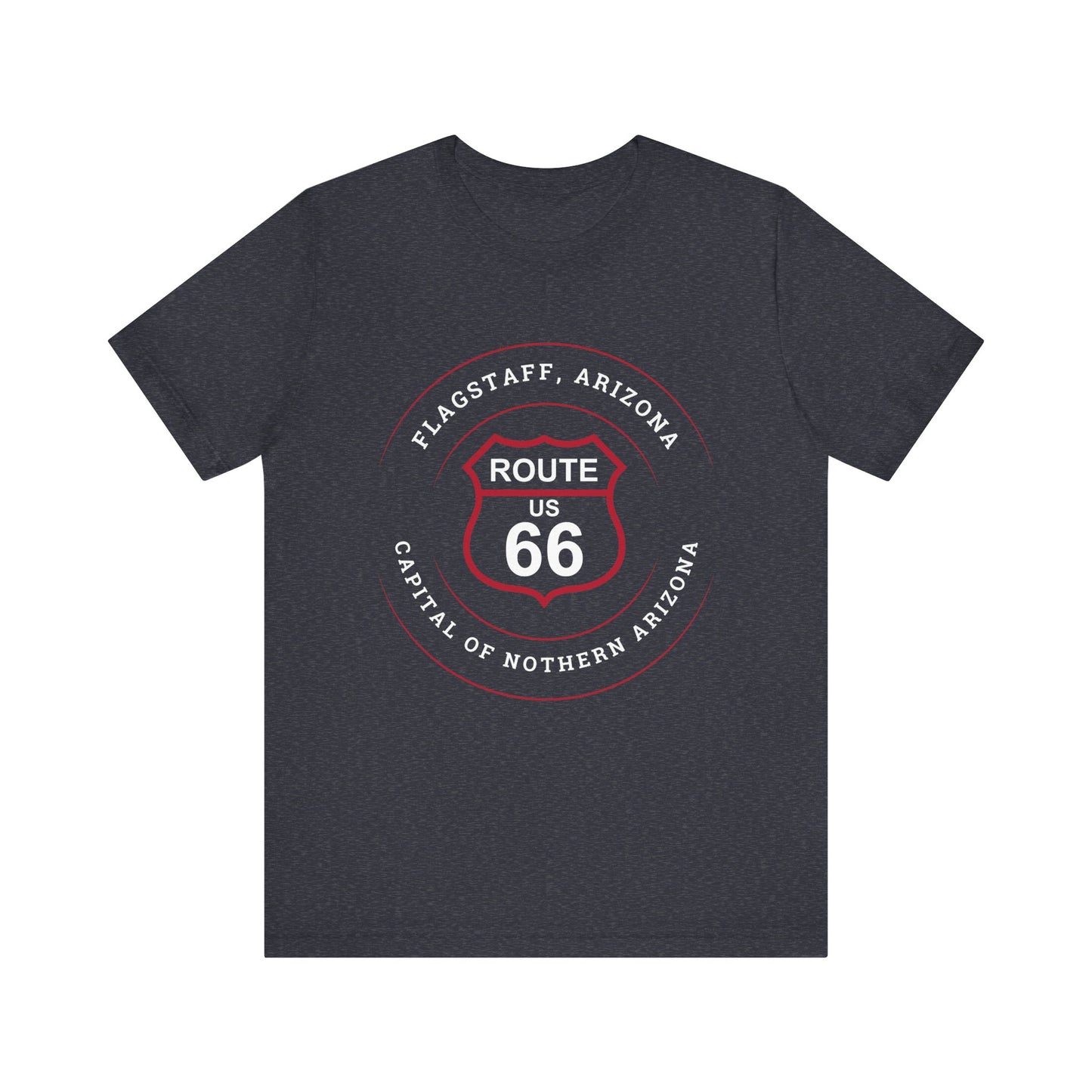 Heather navy retro Route 66 unisex jersey tee with Flagstaff, AZ: "Capital of Northern Arizona" design