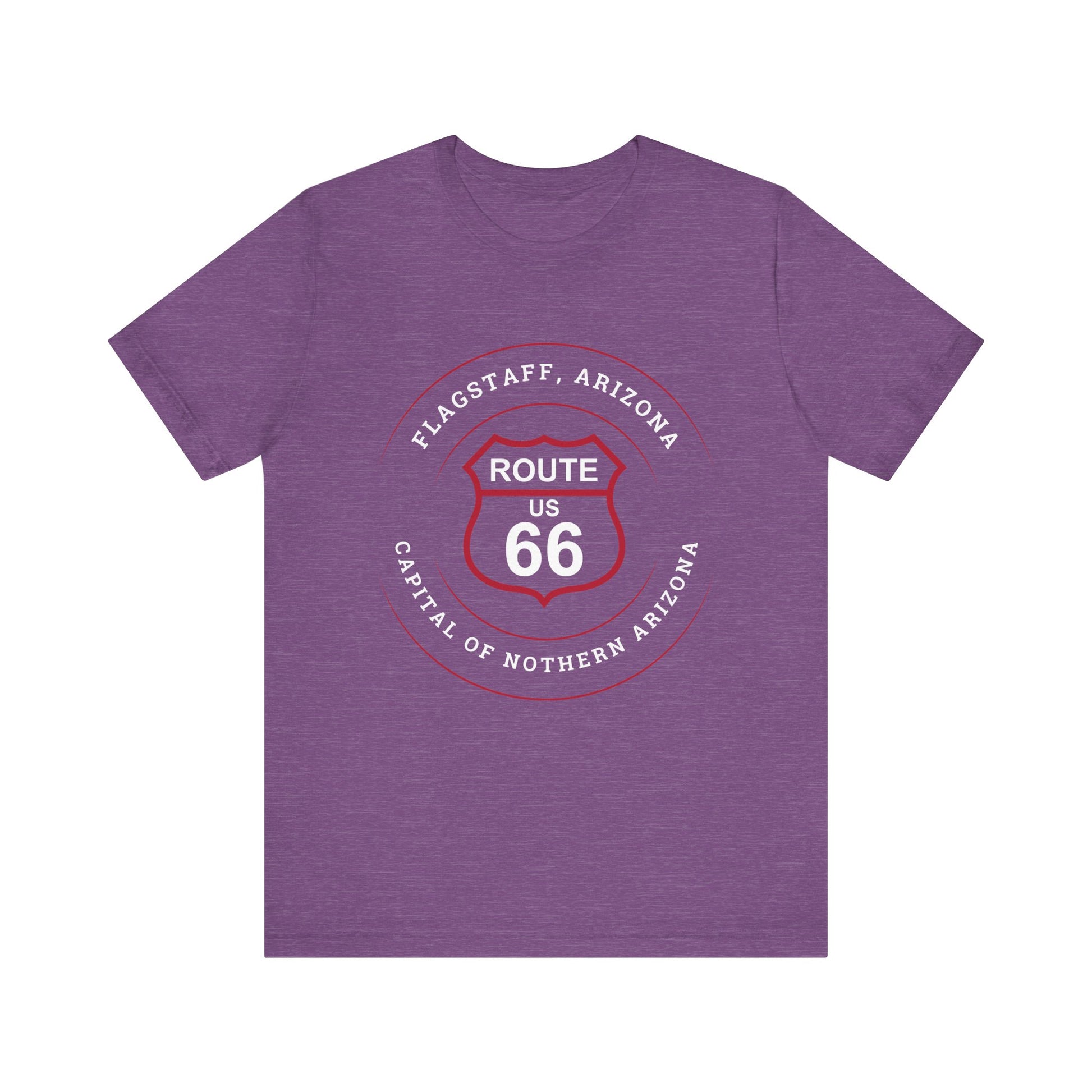 Heather team purple retro Route 66 unisex jersey tee with Flagstaff, AZ: "Capital of Northern Arizona" design