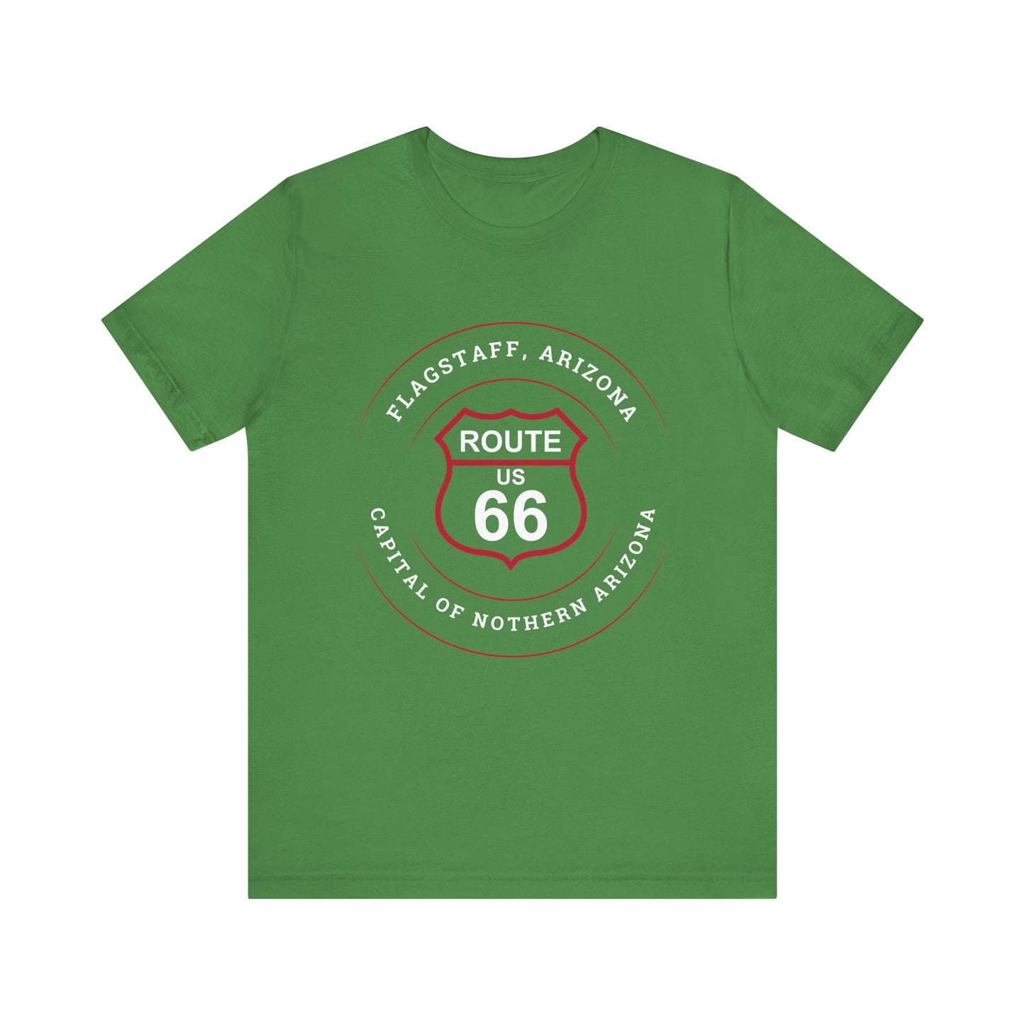 Leaf retro Route 66 unisex jersey tee with Flagstaff, AZ: "Capital of Northern Arizona" design
