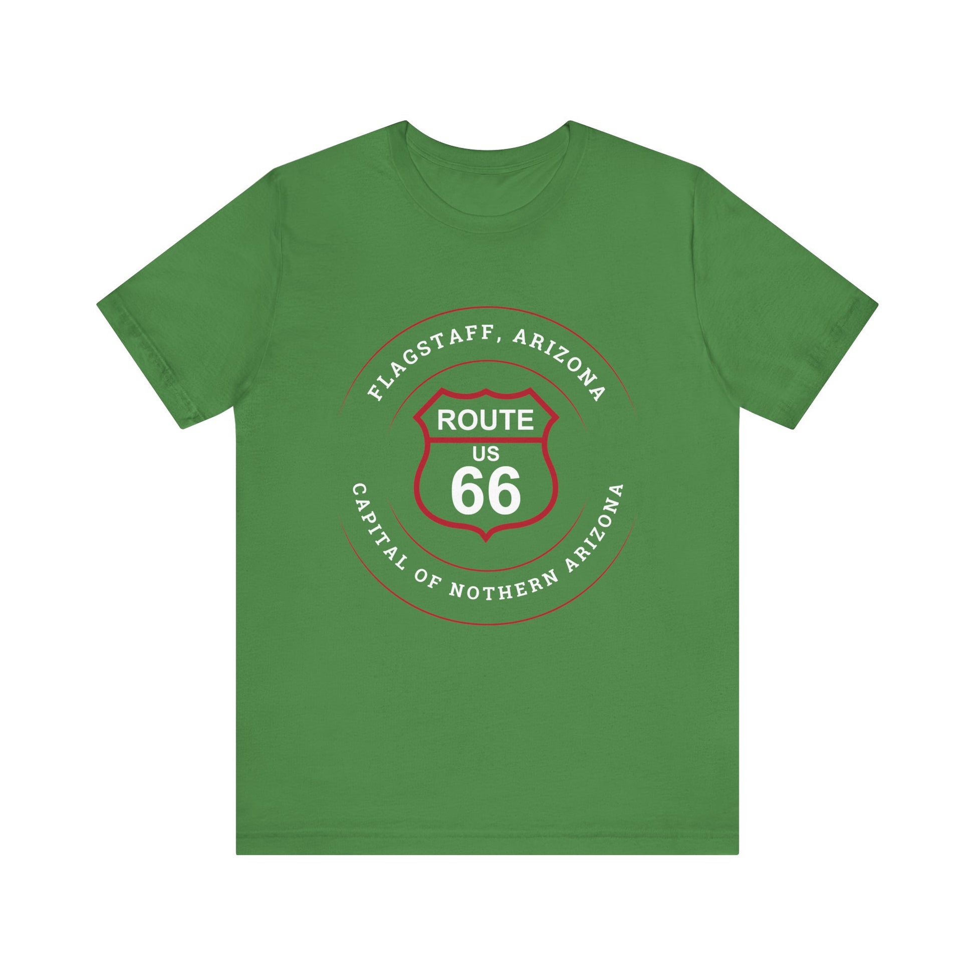 Leaf retro Route 66 unisex jersey tee with Flagstaff, AZ: "Capital of Northern Arizona" design