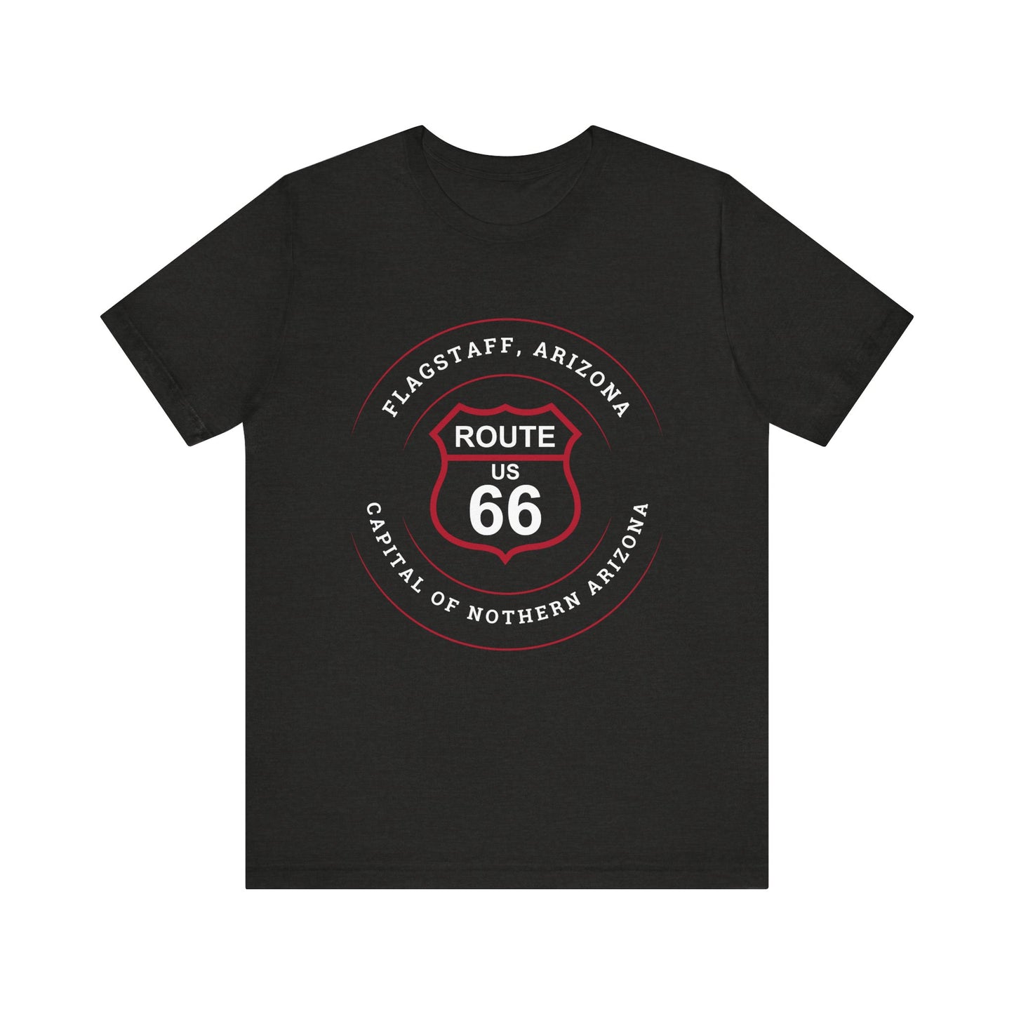 Vintage black retro Route 66 unisex jersey tee with Flagstaff, AZ: "Capital of Northern Arizona" design