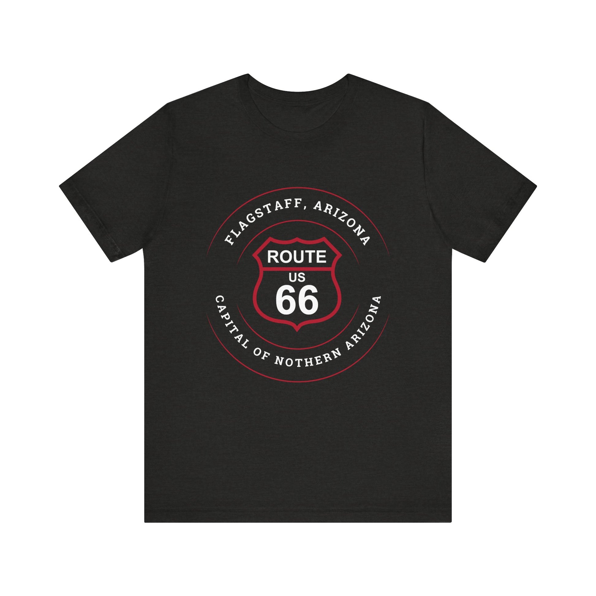 Vintage black retro Route 66 unisex jersey tee with Flagstaff, AZ: "Capital of Northern Arizona" design