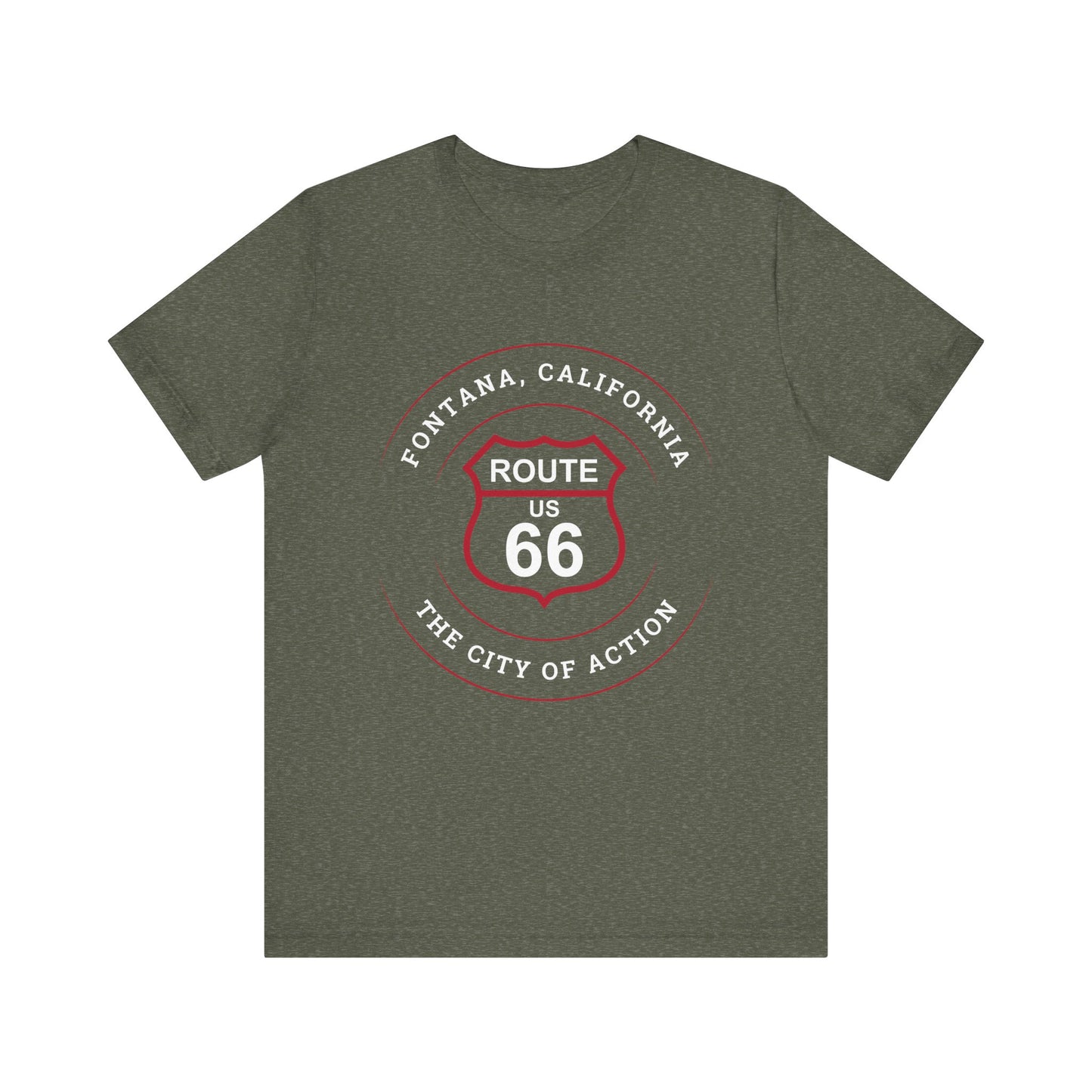 Heather military green retro Route 66 unisex jersey tee with Fontana, CA: "The City of Action" design