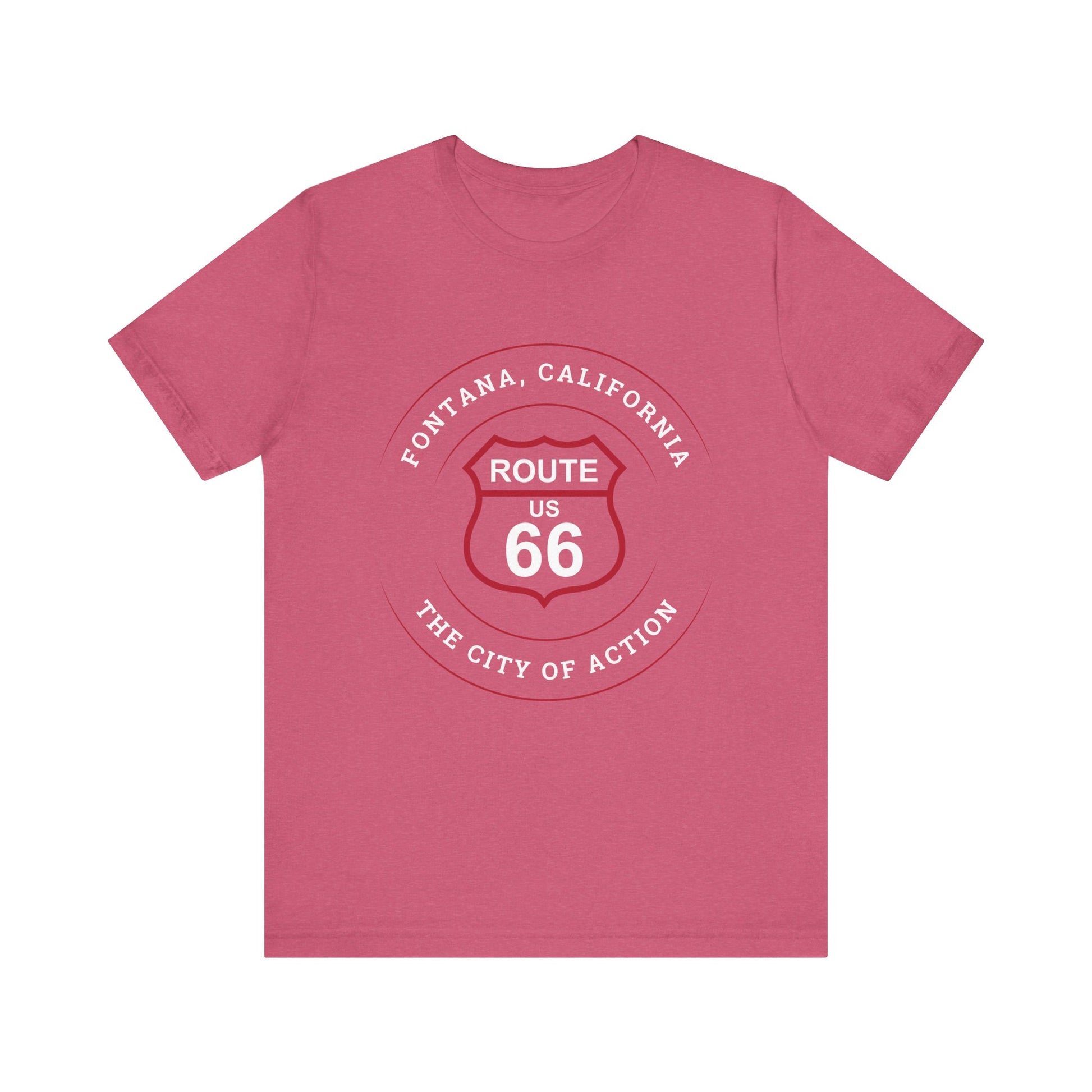 Heather raspberry retro Route 66 unisex jersey tee with Fontana, CA: "The City of Action" design