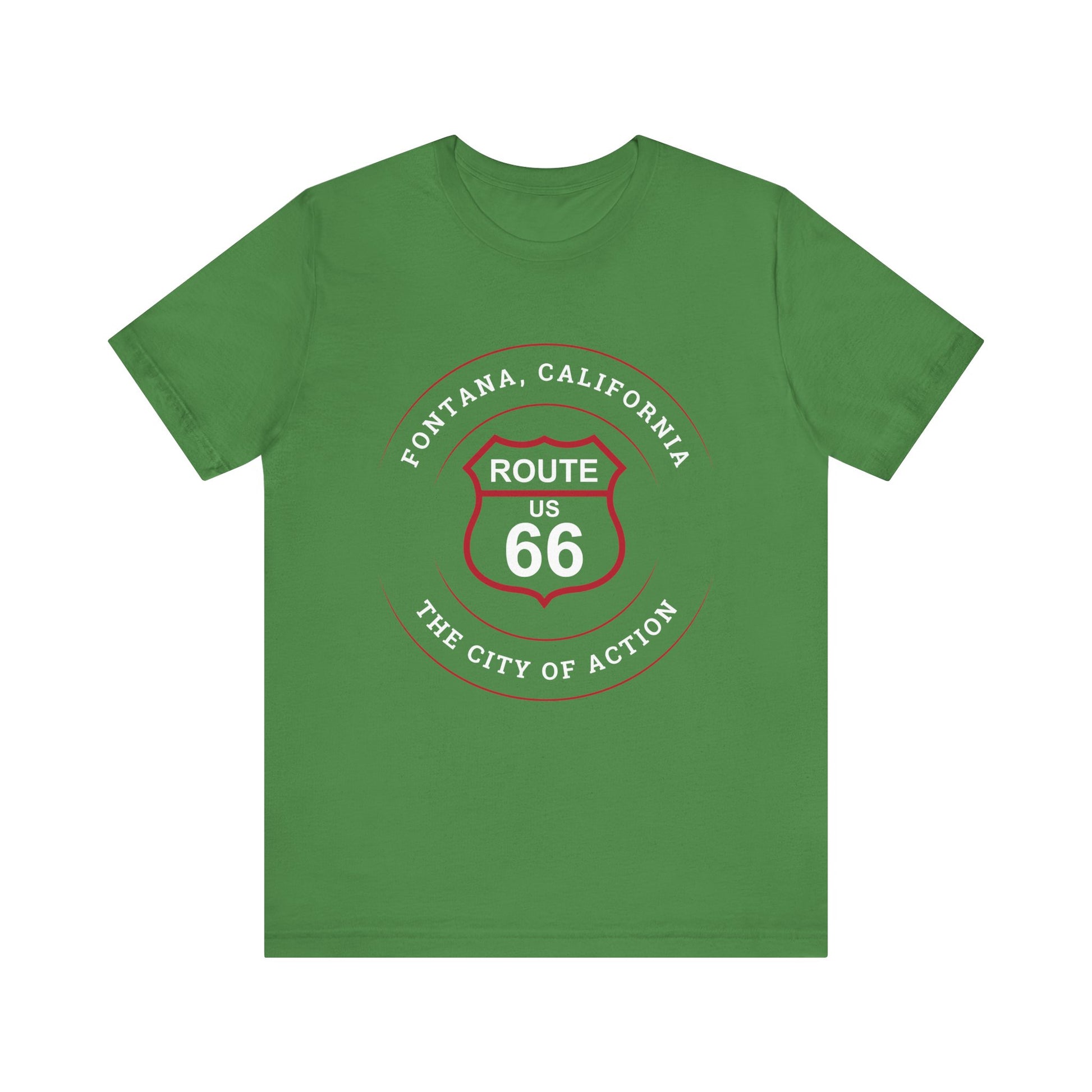 Leaf retro Route 66 unisex jersey tee with Fontana, CA: "The City of Action" design