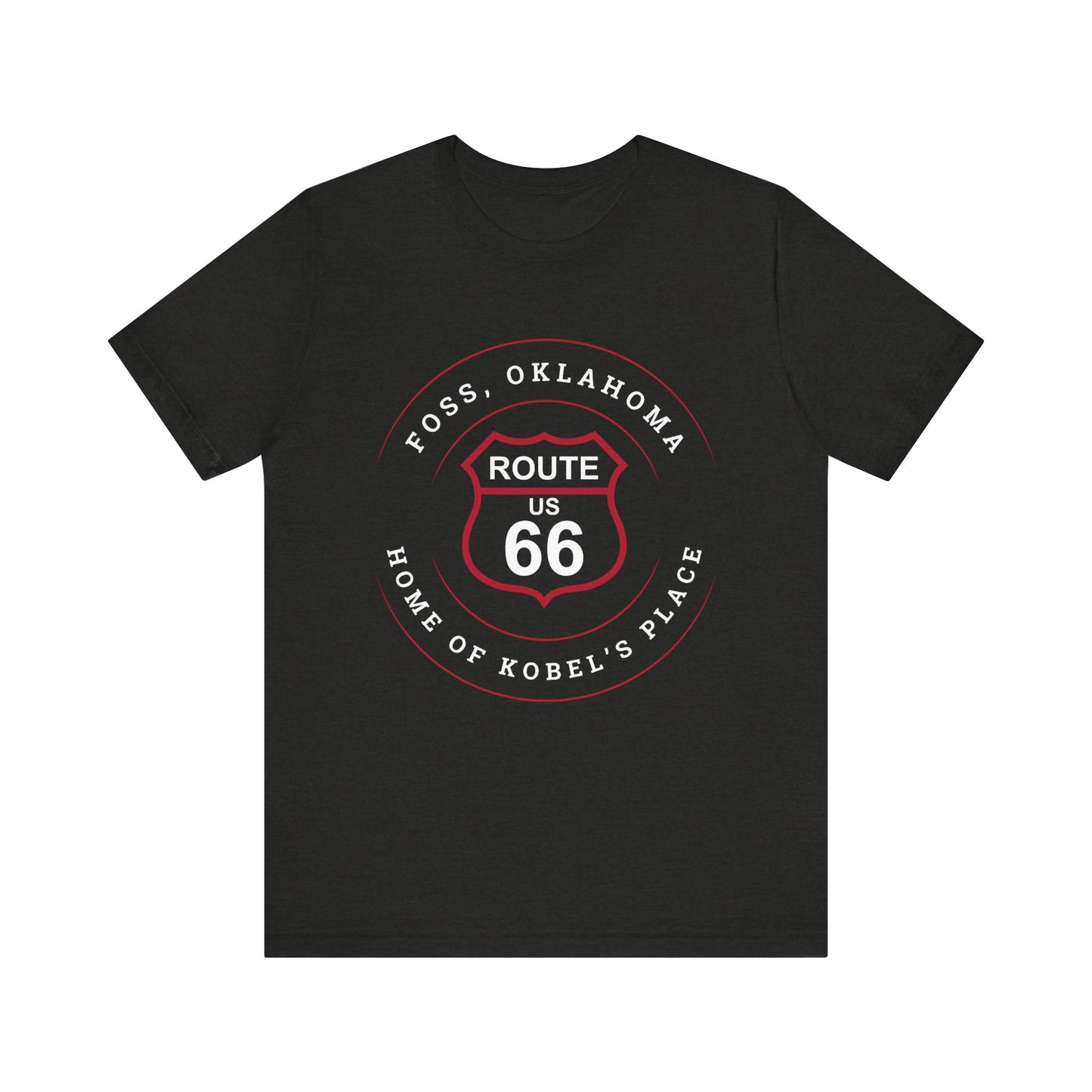 Black heather retro Route 66 unisex jersey tee with Foss, OK "Home of Kobel's Place" design