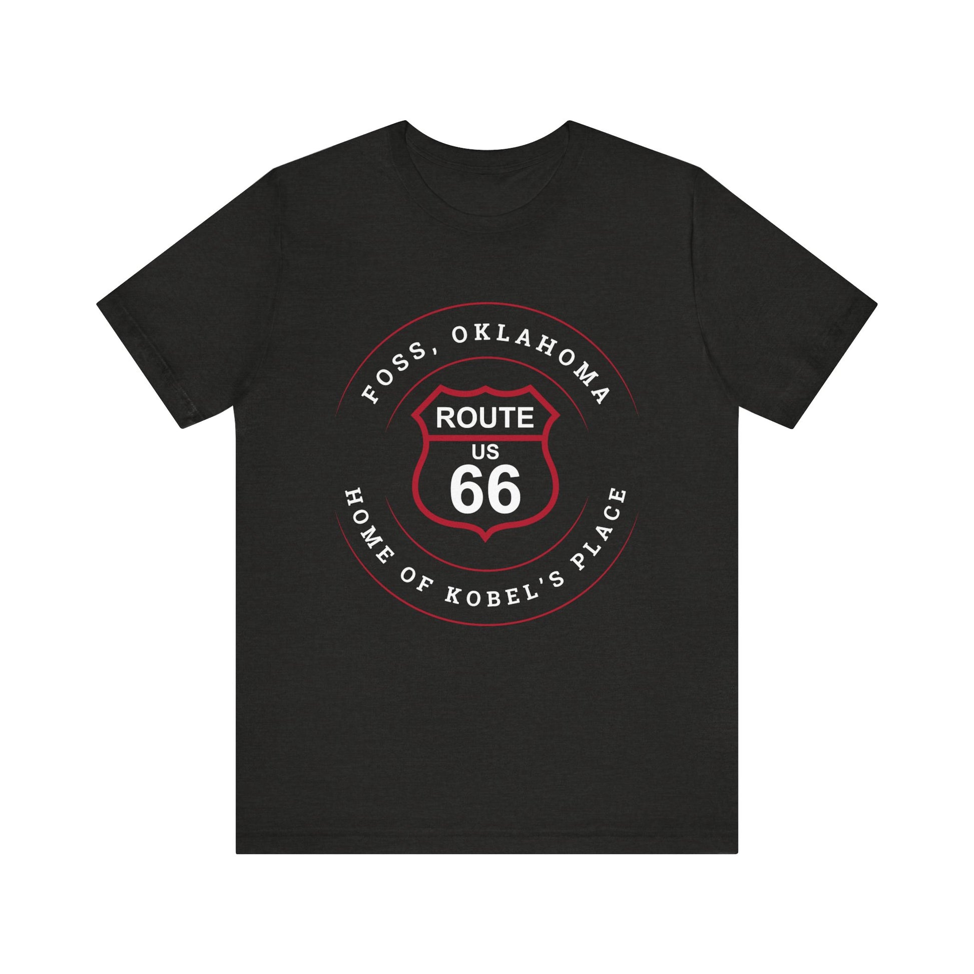Black heather retro Route 66 unisex jersey tee with Foss, OK "Home of Kobel's Place" design