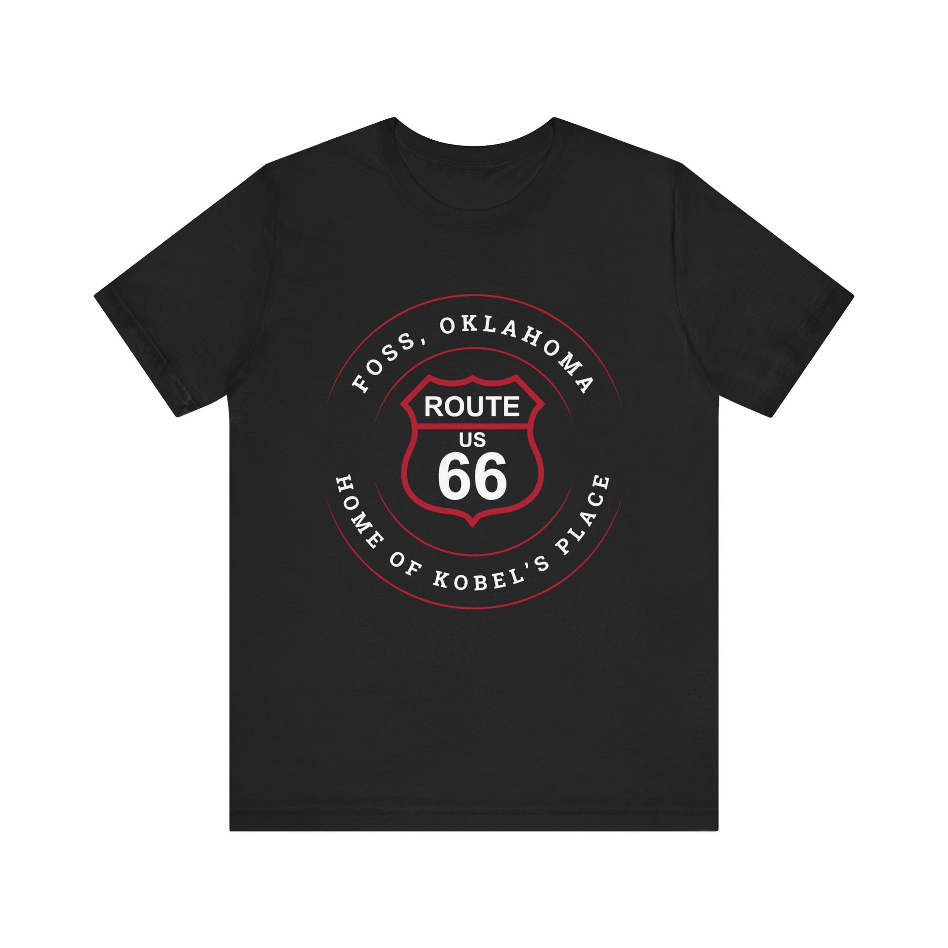 Black retro Route 66 unisex jersey tee with Foss, OK "Home of Kobel's Place" design