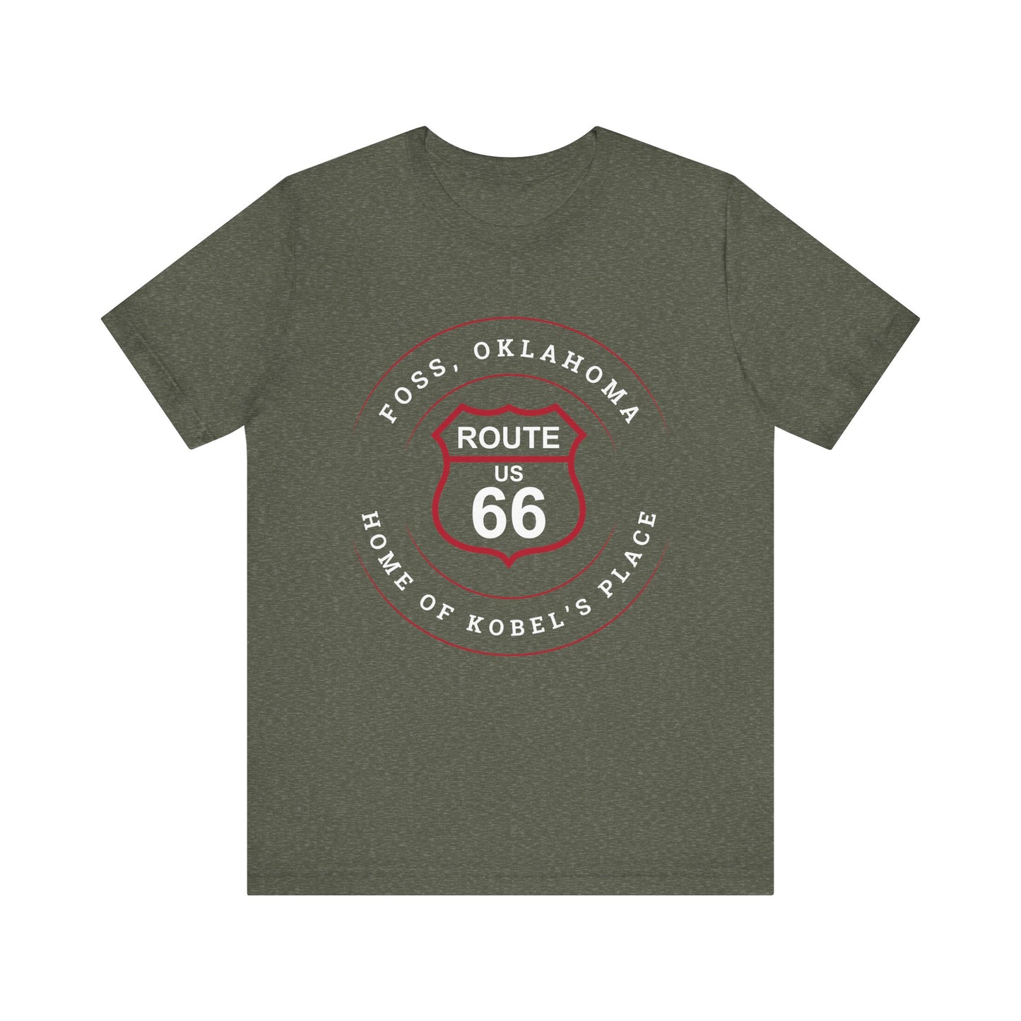 Heather military green retro Route 66 unisex jersey tee with Foss, OK "Home of Kobel's Place" design