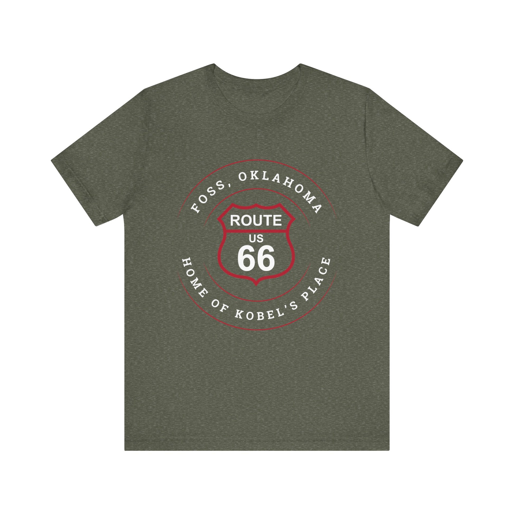 Heather military green retro Route 66 unisex jersey tee with Foss, OK "Home of Kobel's Place" design