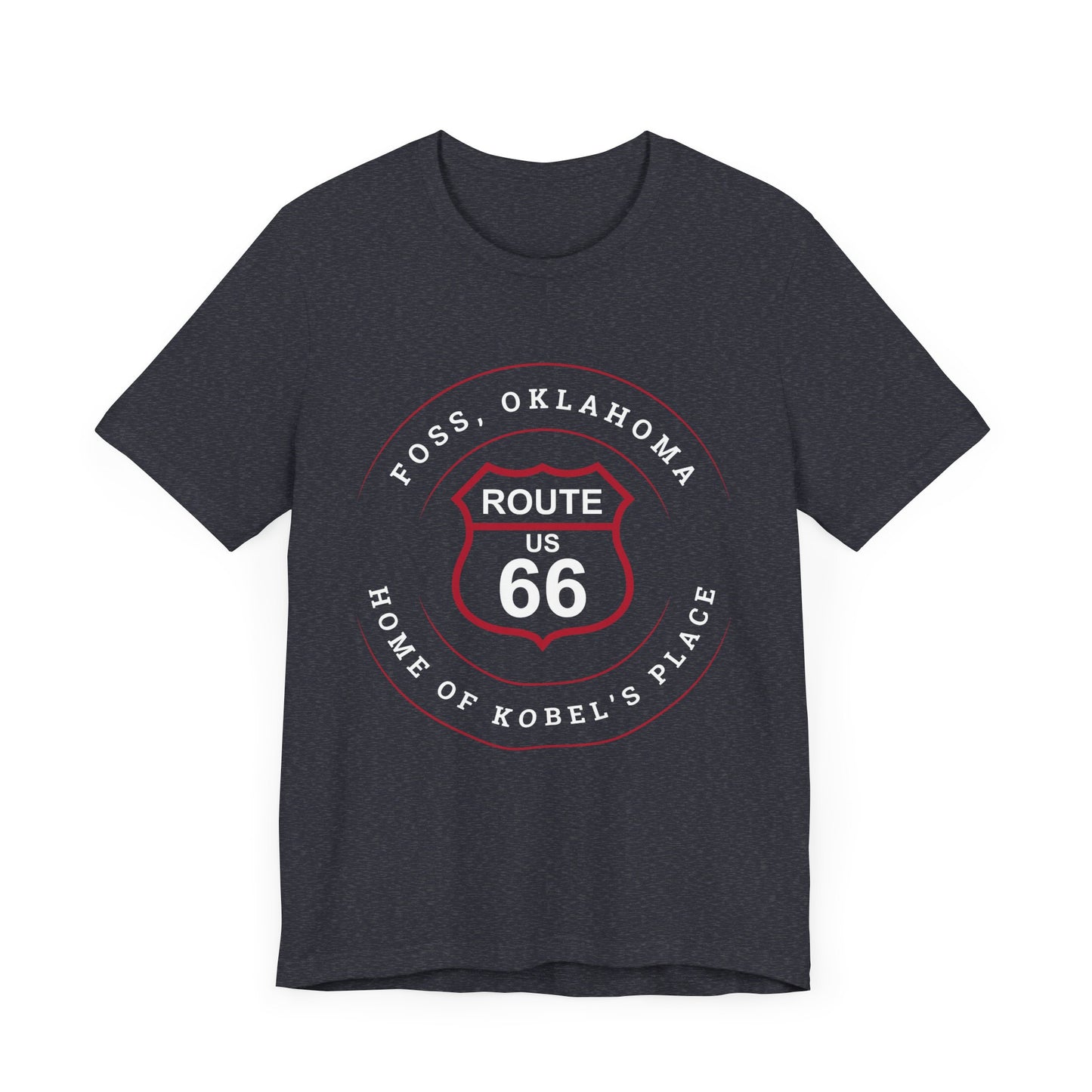 Heather navy retro Route 66 unisex jersey tee with Foss, OK "Home of Kobel's Place" design