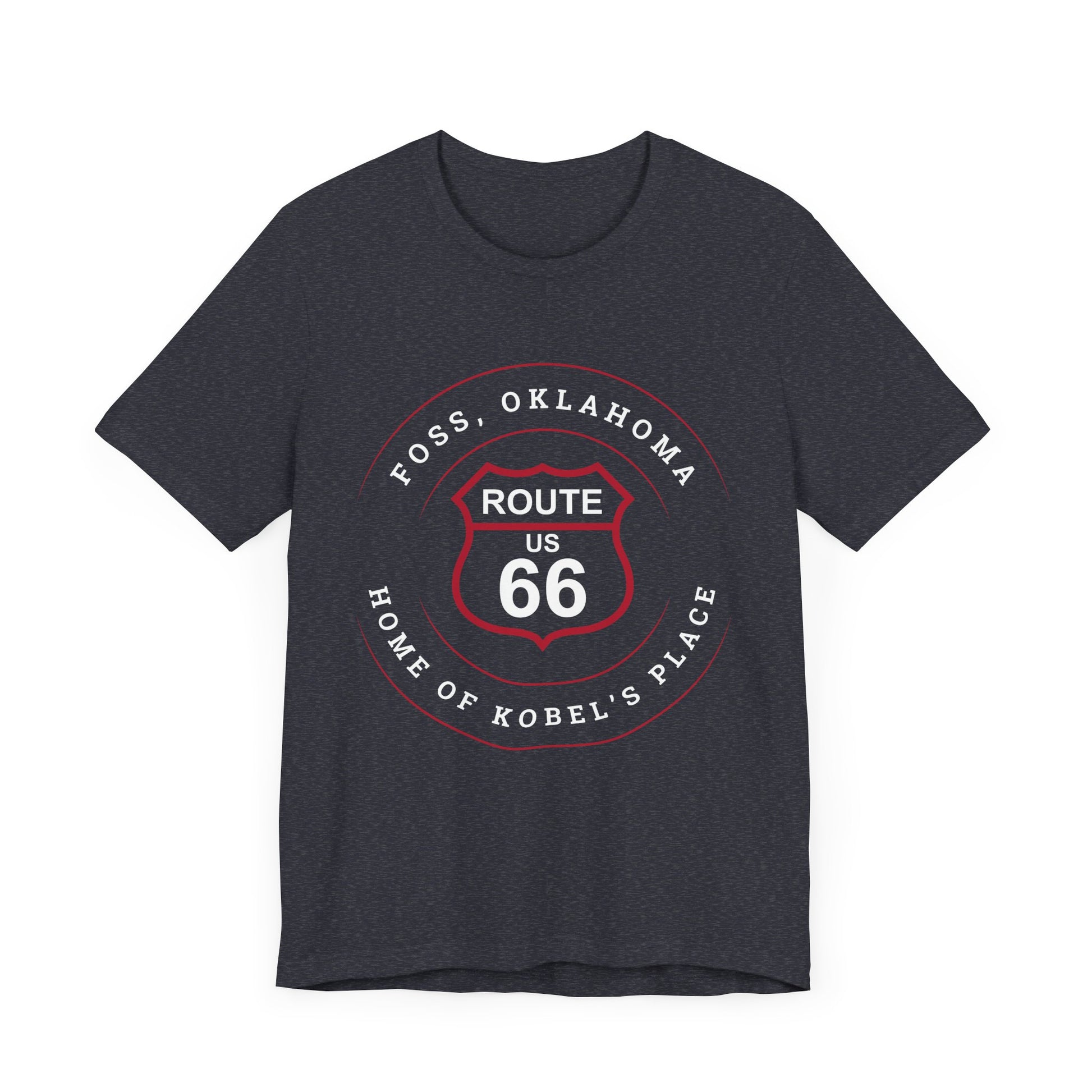 Heather navy retro Route 66 unisex jersey tee with Foss, OK "Home of Kobel's Place" design