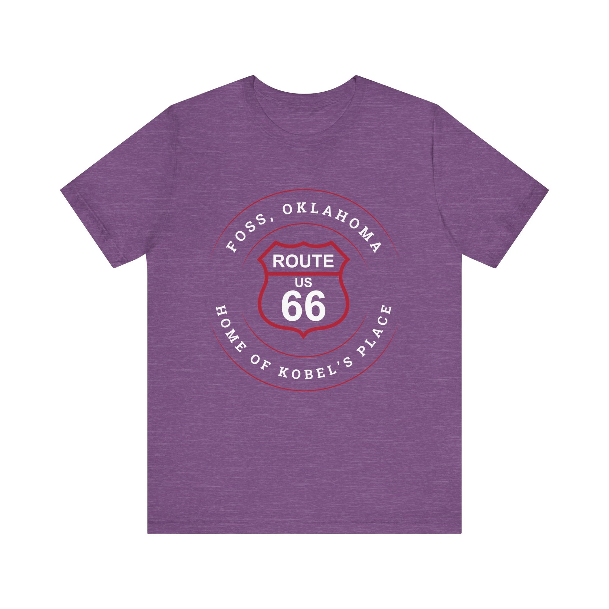 Heather team purple retro Route 66 unisex jersey tee with Foss, OK "Home of Kobel's Place" design