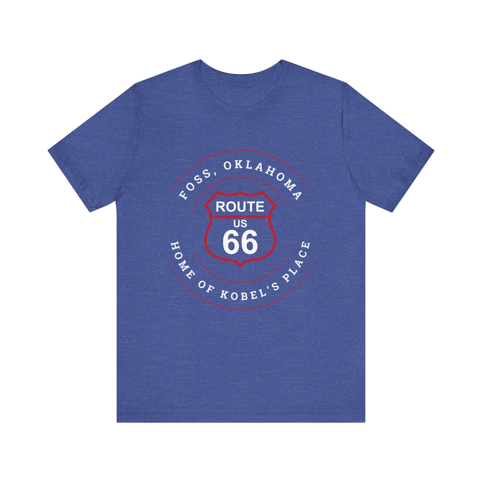 Heather true royal retro Route 66 unisex jersey tee with Foss, OK "Home of Kobel's Place" design