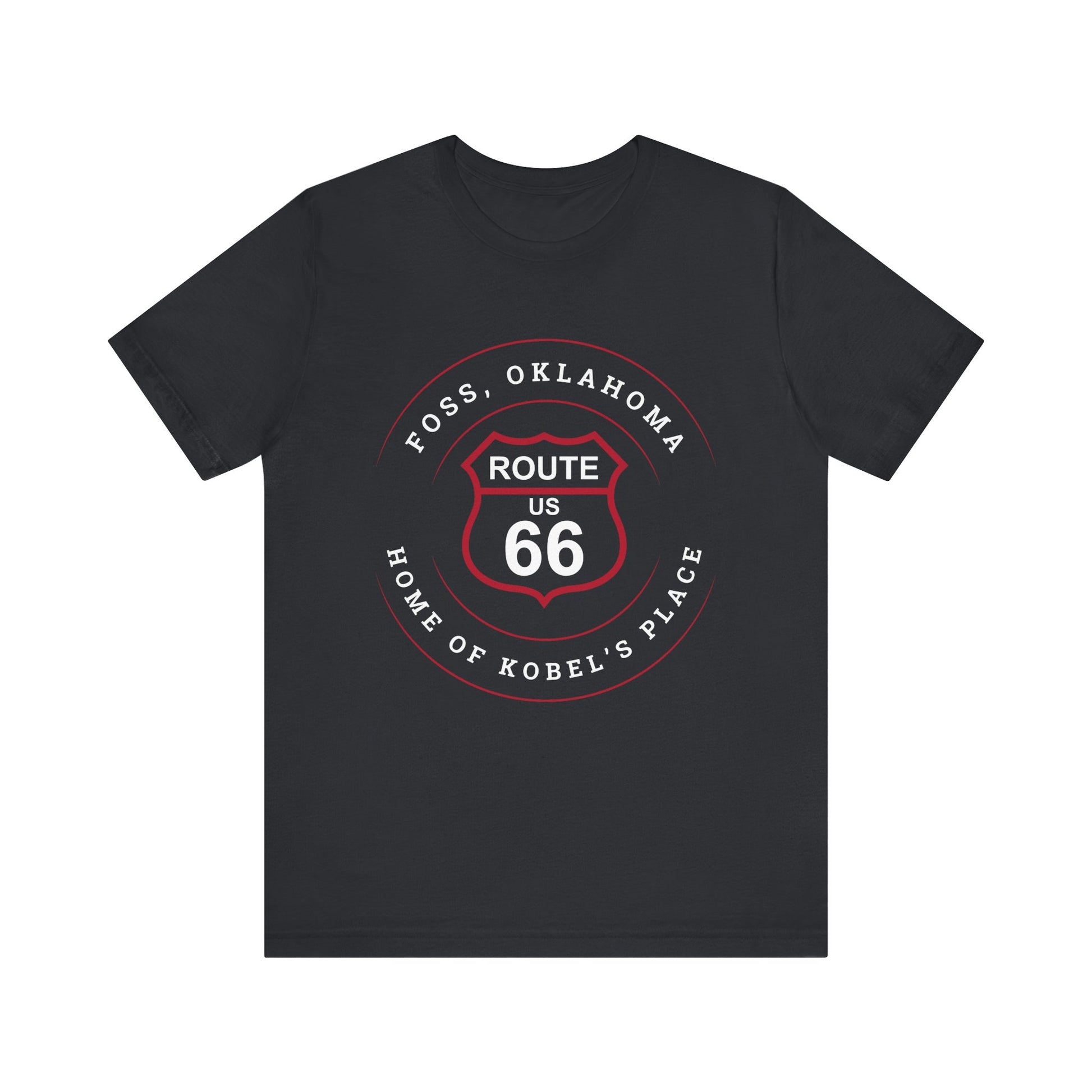 Vintage black retro Route 66 unisex jersey tee with Foss, OK "Home of Kobel's Place" design