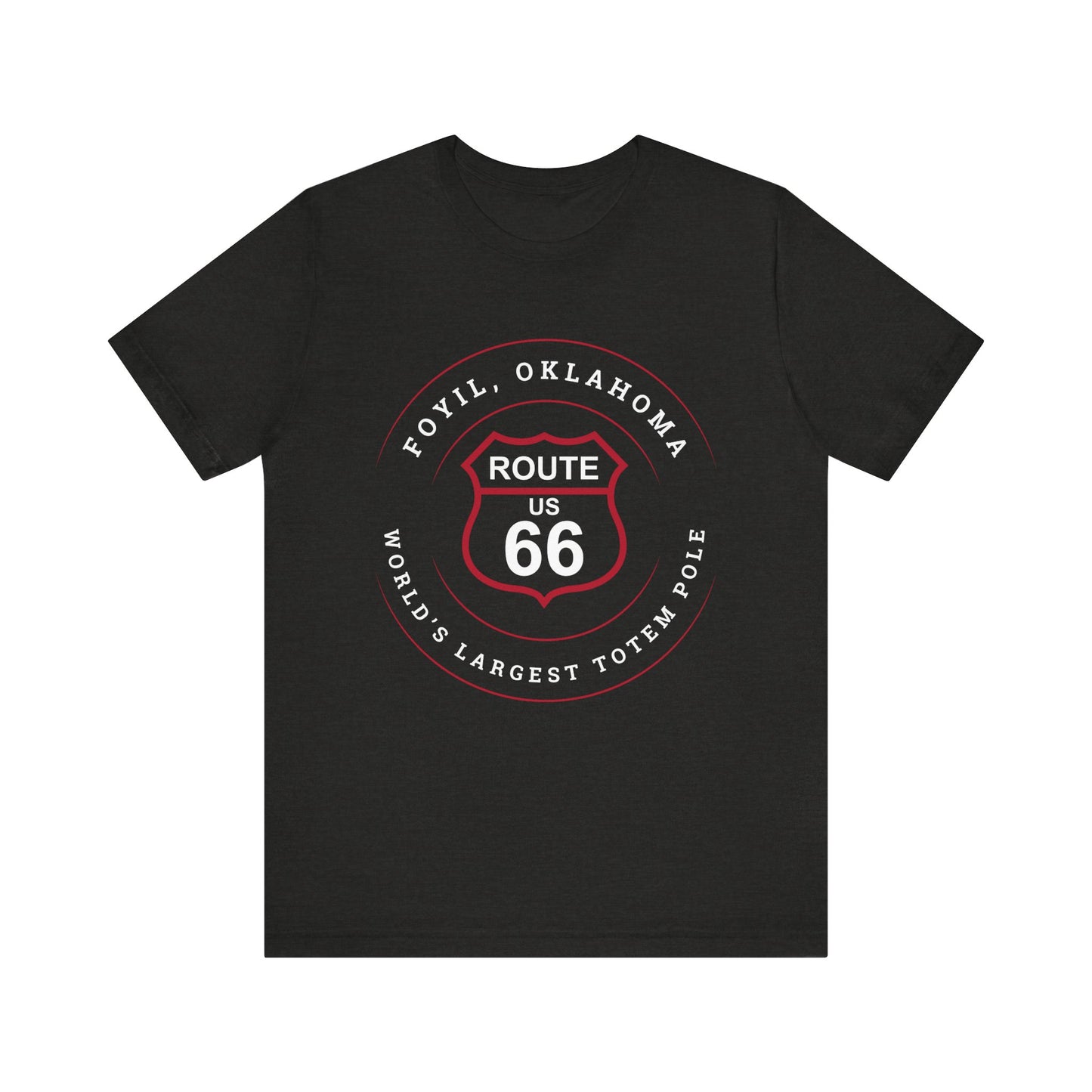 Black heather retro Route 66 unisex jersey tee with Foyil, OK "World's Largest Totem Pole" design