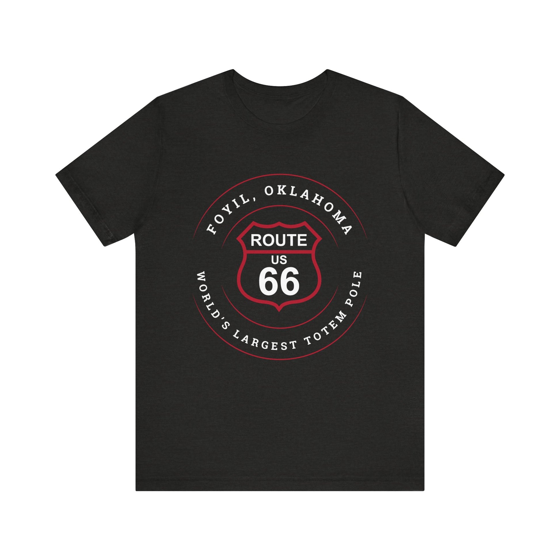 Black heather retro Route 66 unisex jersey tee with Foyil, OK "World's Largest Totem Pole" design