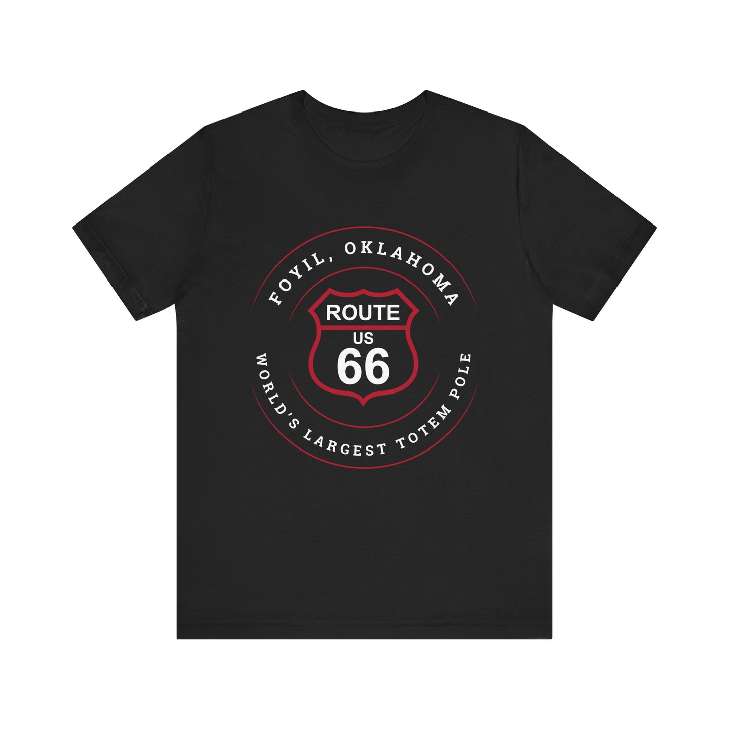 Black retro Route 66 unisex jersey tee with Foyil, OK "World's Largest Totem Pole" design